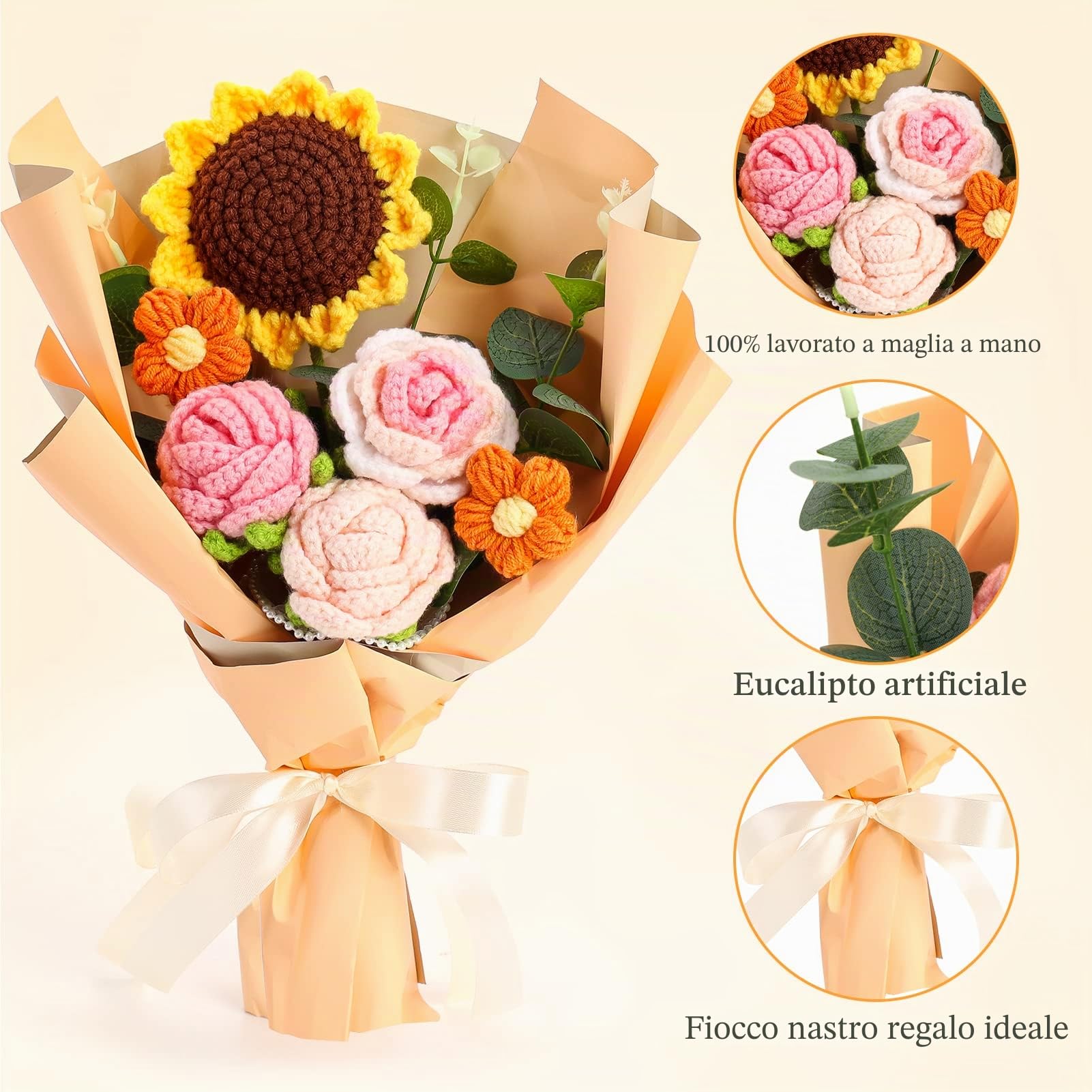 Omldggr Bouquet di fiori all'uncinetto, realizzato a mano, kit per bouquet all'uncinetto, girasole finto rosa, margherita per festa della mamma, compleanno, matrimonio, San Valentino e decorazione per