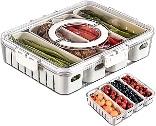 Divided Serving Tray with Lid, 4-Compartment Charcuterie Container, Clear Fridge Organizer, Stackable Snack Box Handles, Portable Travel Eats Bowl, Ideal for Parties & Picnics. - Amazon Deal & Rabatt