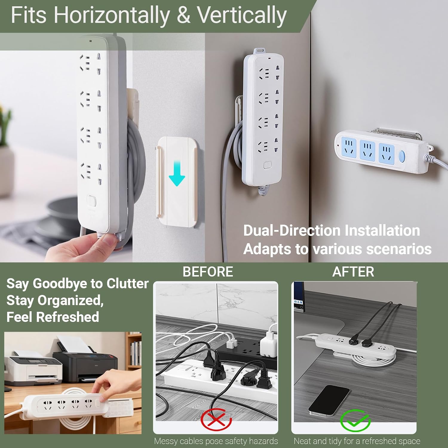 2PCS Adhesive Punch-Free Socket Holder, 2026 New Power Strip Holder for Kitchen Home Office and Cable Management, Self-Adhesive Power Strip Holder Wall Mount-Space-Saving and Easy to Install