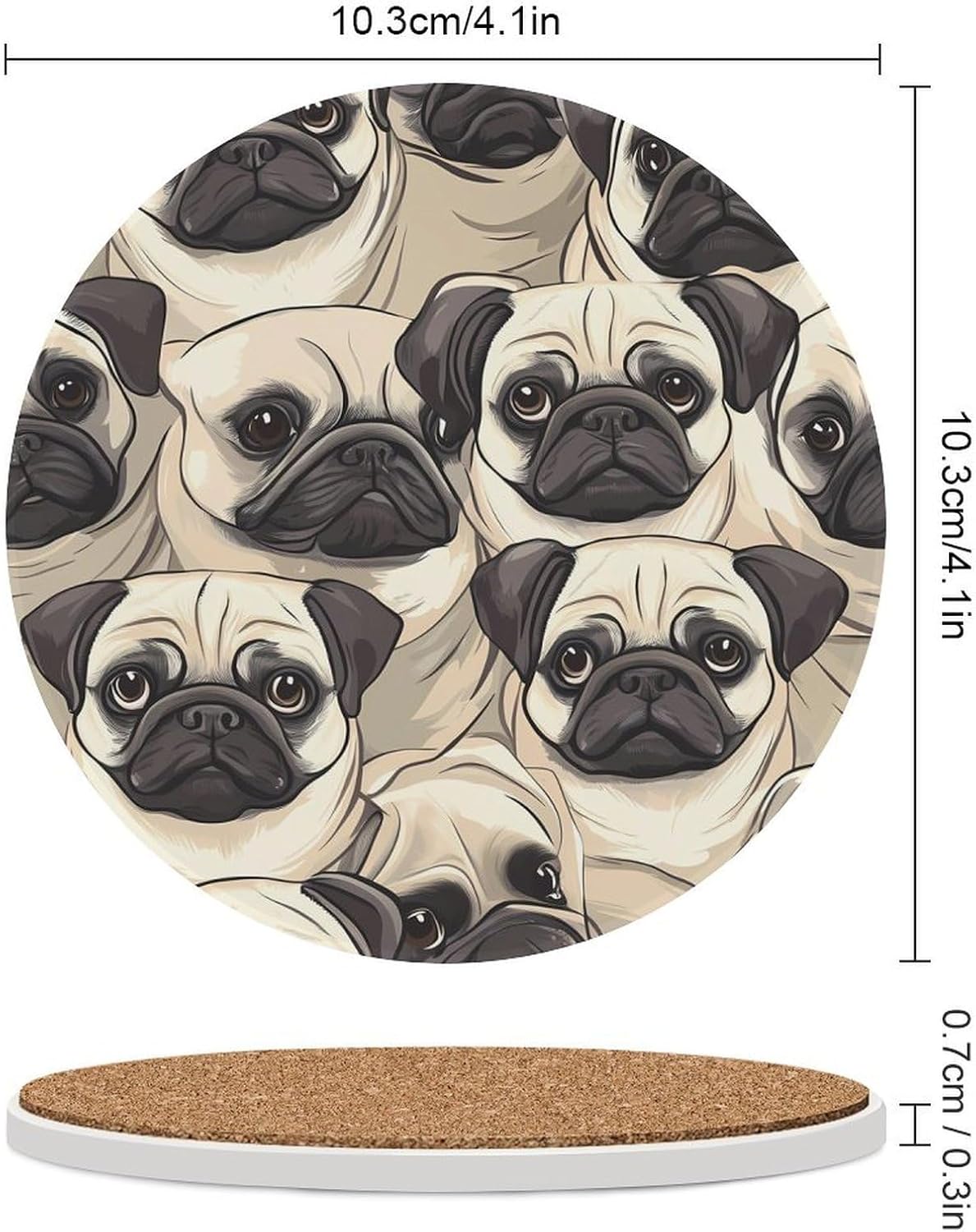 Pug Dogs Round Ceramic Coasters Print Drinks Absorbent with Cork Base for Home Decor Gifts 4 Inch
