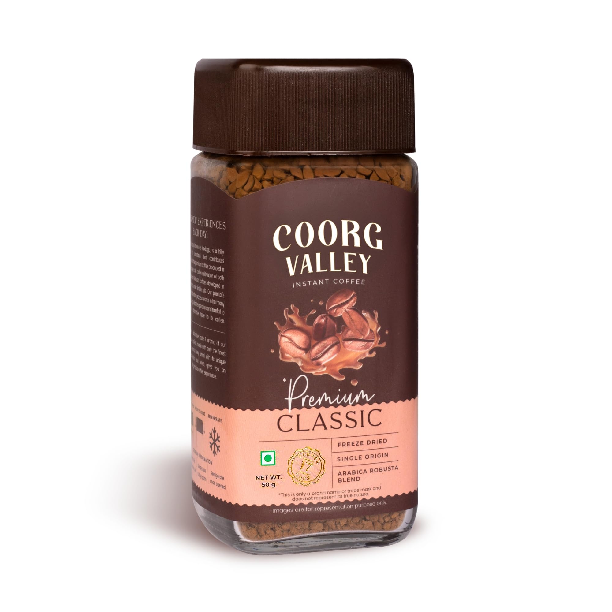 Coorg Valley Premium Classic Instant Coffee 50g | 100% Coffee | Premium Blend of Robusta & Arabica | Freeze Dried | Make Café Style Hot & Cold Coffee at Home
