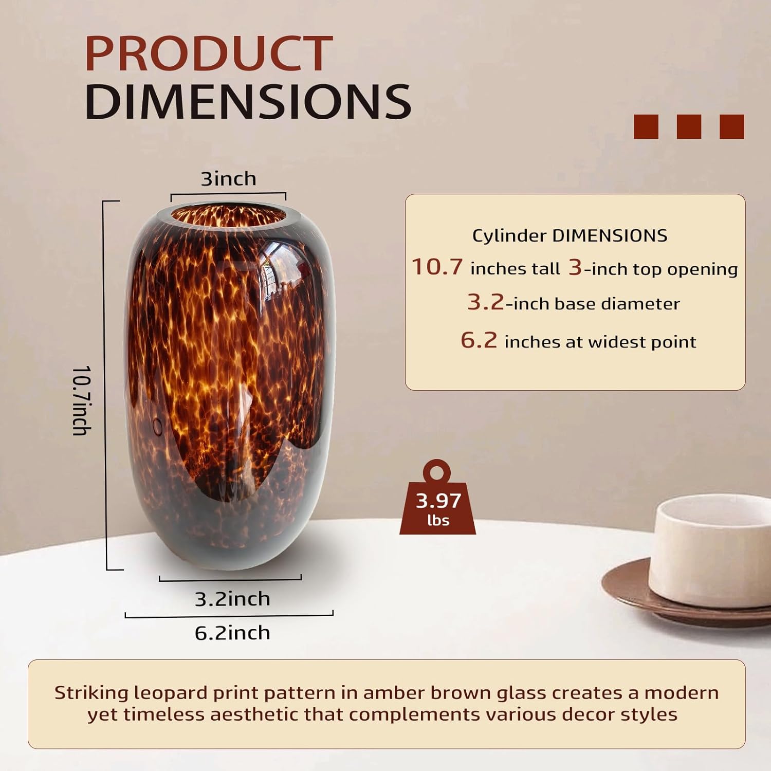10.7" High Luxe Leopard Glass Vase — Unique Modern Amber Brown Centerpiece for Home Decor, Gifts & Everyday Elegance