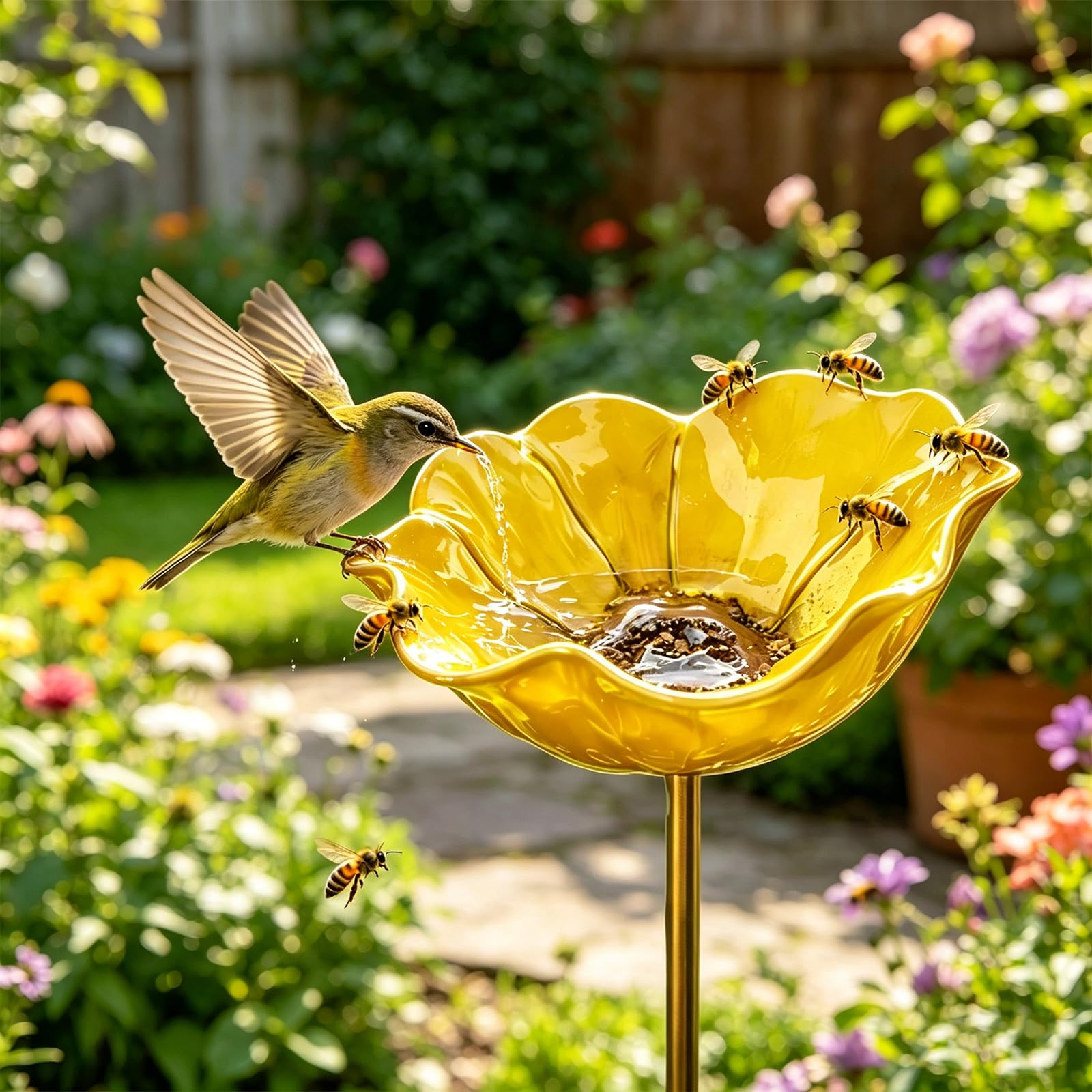 Handmade Metal Flower Garden Stake Bird Bath, Butterfly Bee Water Feeder with Flower Design, Decorative Garden Flowers Bird Bath for Yard, Lawn & Patio Decor (Yellow)