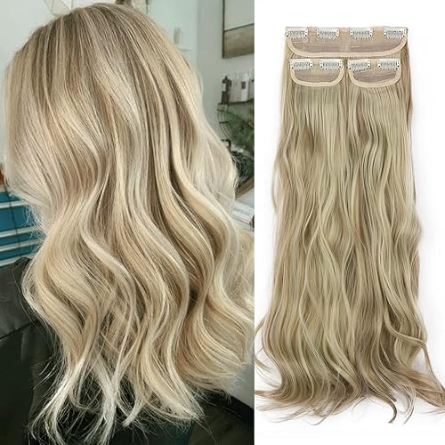 Miniatura 6 de Juego de 3 extensiones de cabello con pinzas, balayage, castaño oscuro medio a rubio ceniza pálido, 20 pulgadas, 6.35 oz, invisible, ondulado,