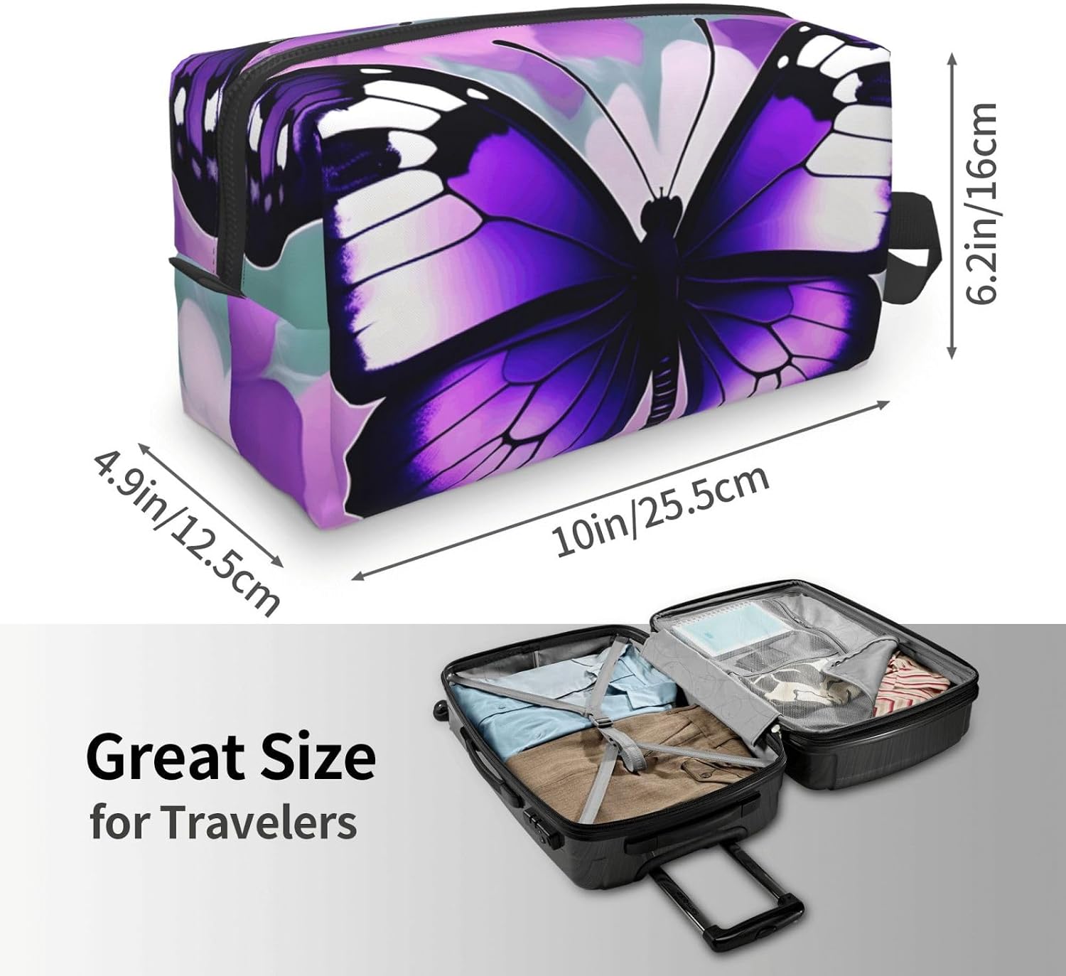 Purple Butterfly Print Large Capacity Travel Toiletry Bag for Women Men Cosmetic Pouch Daily Organizer image 3