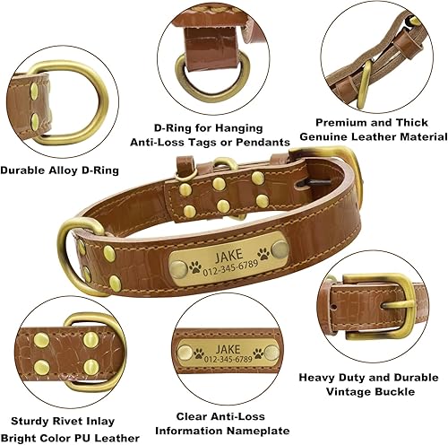 Miniatura 35 de Collar de perro de cuero genuino personalizado con placa de nombre grabada, duradero y elegante collar de perro personalizado para perros pequeños