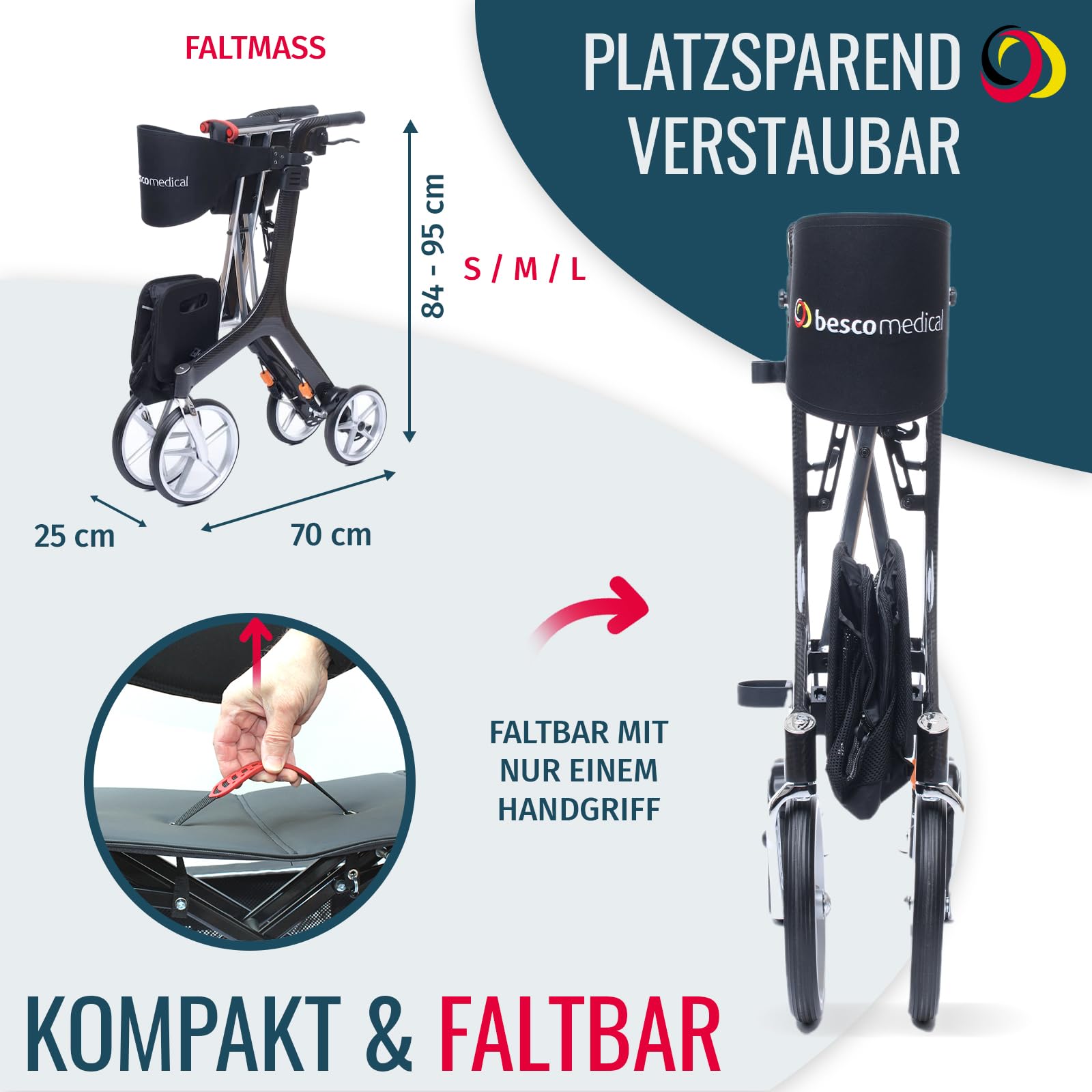 Besco Medical Carbon Rollator ultraleicht 5,9 kg - Modell L Bordeauxrot | faltbar, höhenverstellbar, mit bequemem Sitz - Premium Gehhilfe mit Rückengurt, Netztasche, Stockhalter - klappbar & leicht