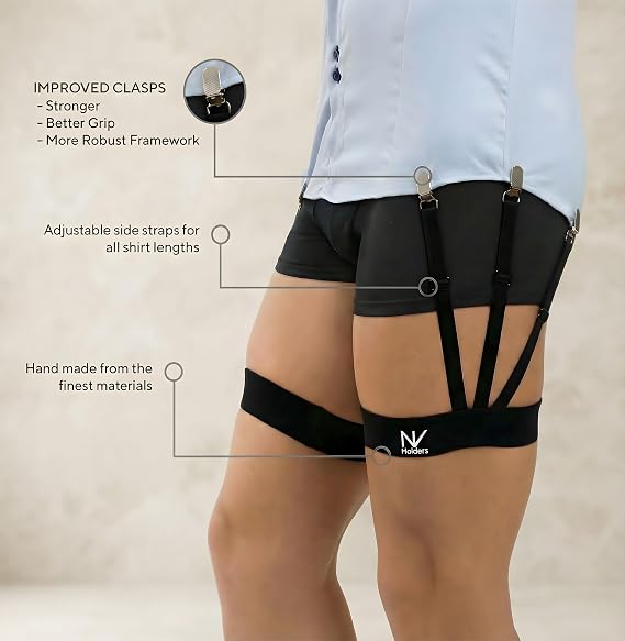 Improved 2.0, with improved clasps; premium shirt stays, shirt holders, shirt garters, shirt tuckers for men