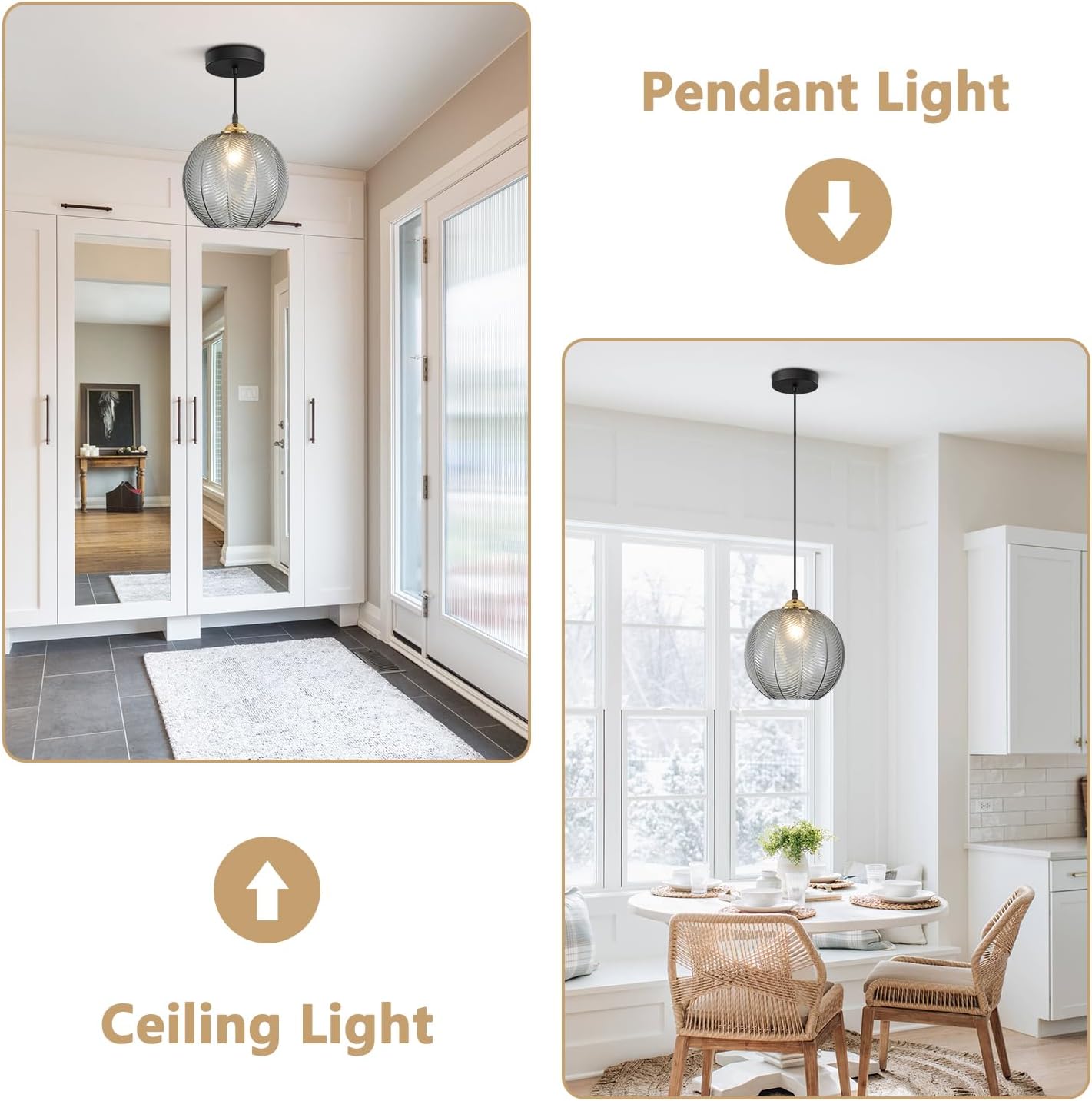 Image demonstrating the KCO Lighting pendant light installed in two configurations: as a hanging pendant light and as a semi-flush ceiling light.