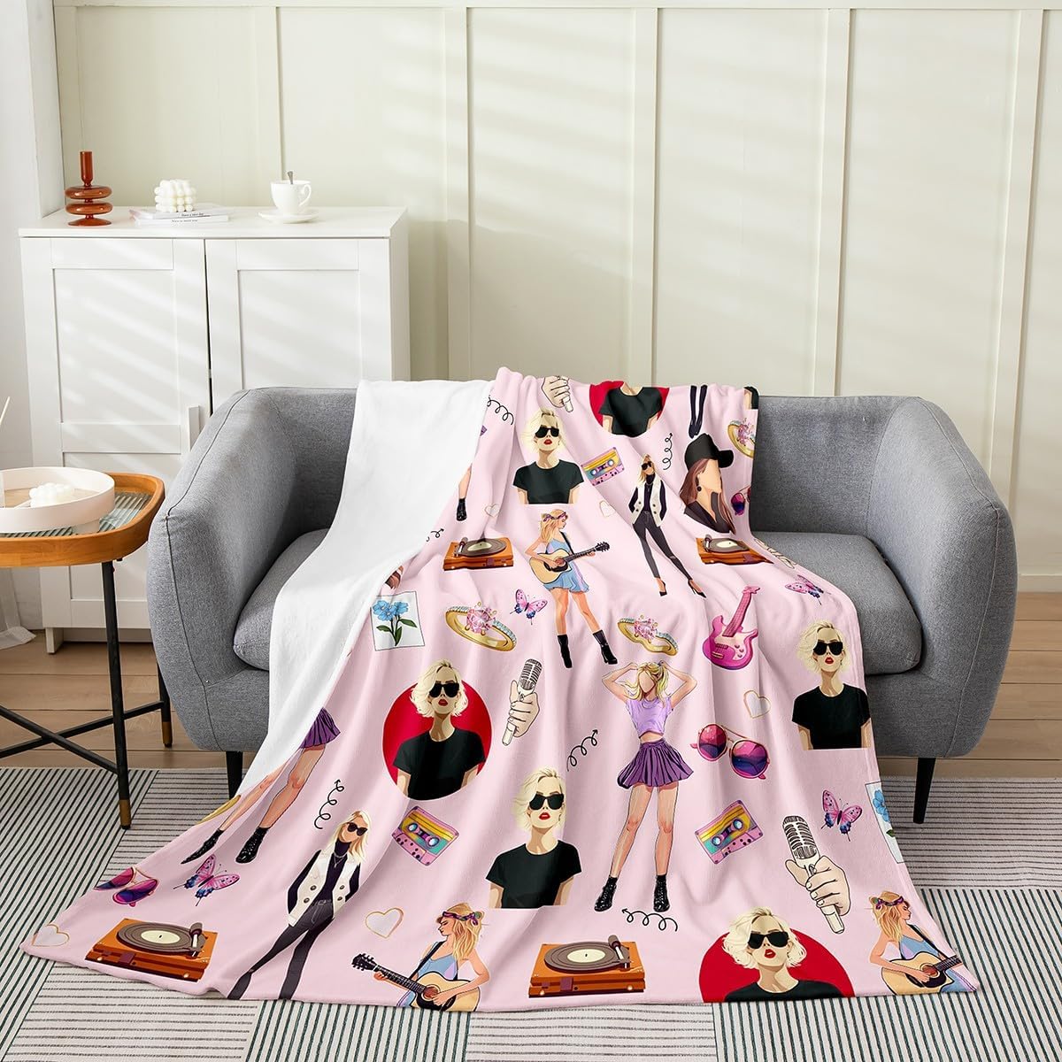 jejeloiu Music Fleece Blanket Twin 60"x80" Girls Singer Fuzzy Blanket Gifts Women Music Lovers Guitar Flannal Throw Blanket Coworker Sister Friends Plush for Bed Sofa Travel Pink