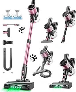 Aspiradora inalámbrica con batería, 45 KPA/500 W/45 mins, con pantalla LED, manguera extensible, cepillo antienredos, sistema de filtración de 5 niveles, luz verde para suelos duros, alfombras de pelo