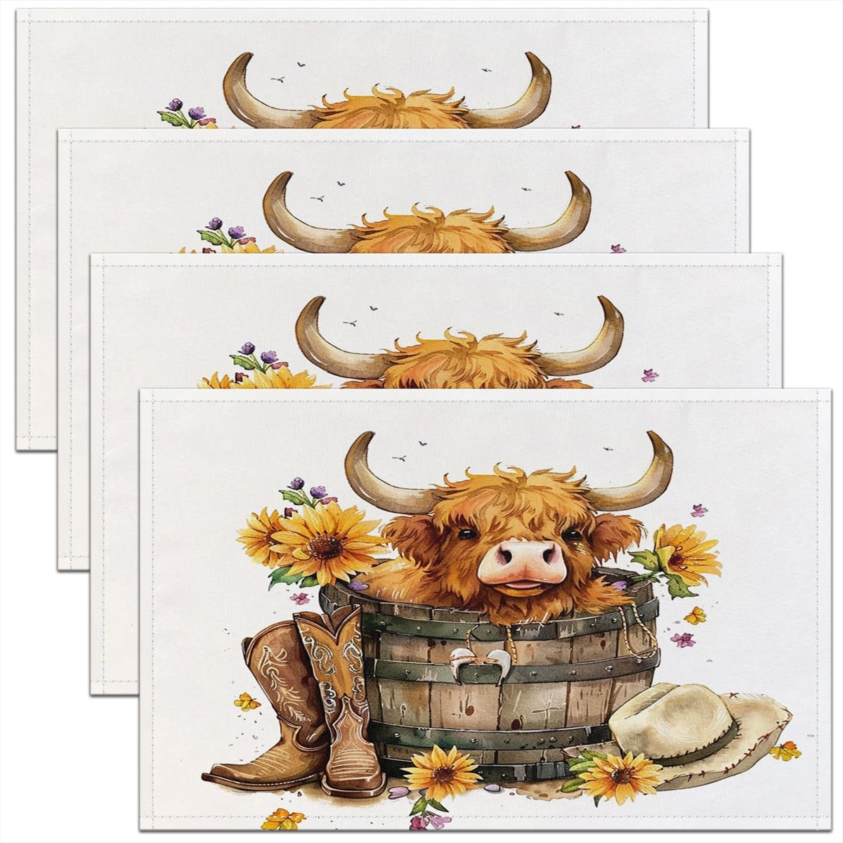 Homemissing Highland Cow Table Place Mats, 45X30cm Highland Cattle Placemats Set of 4 for Kids Boys Girls Decor Animal Placemat for Kitchen Dining Table Decor Indoor Outdoor Sunflower