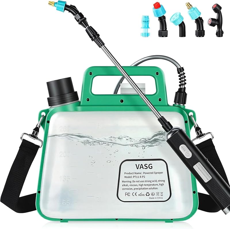 Battery Powered Sprayer 2 Gallon, 7.4V Foldable Electric Pump Sprayer | Weed Sprayer with Waterproof Rechargeable Handle, 5 Mist Nozzles, Retractable Wand, Adjustable Strap for Lawn, Garden, Yard