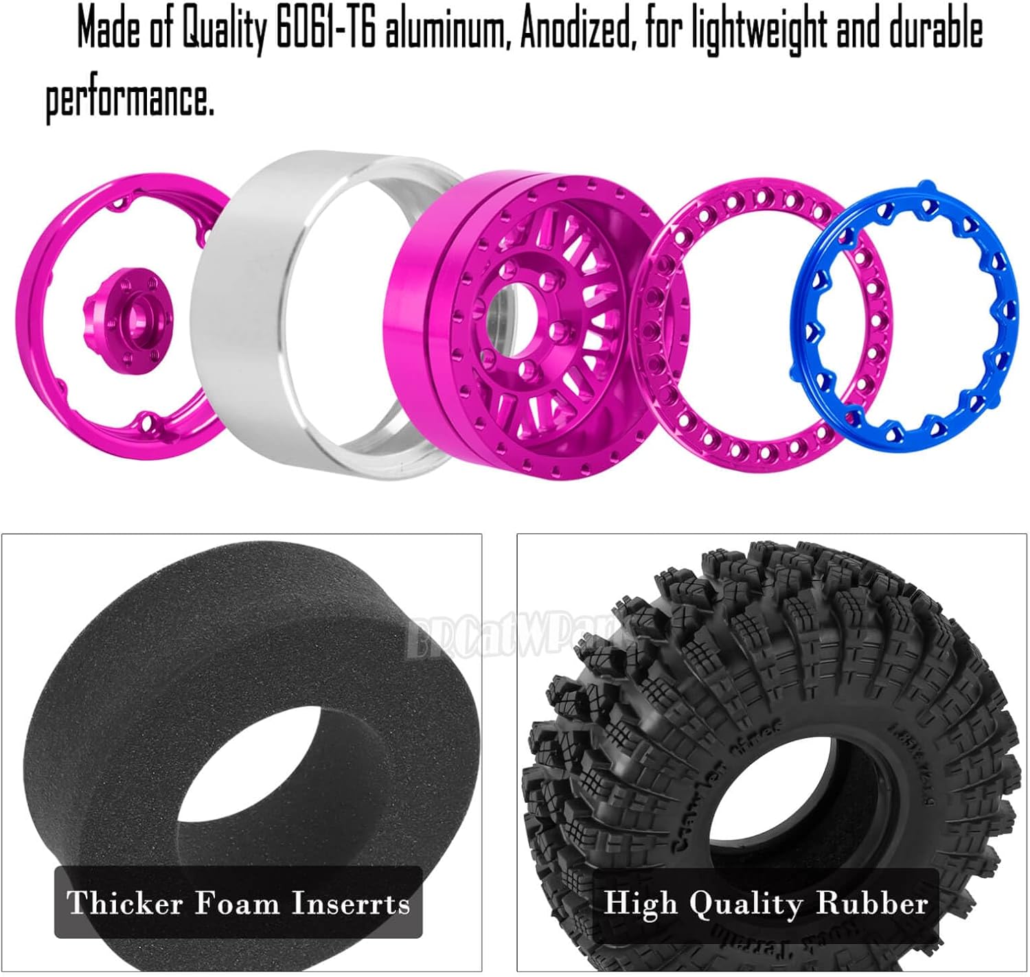 4Pcs RC 1.9 Wheel Tires for 1/10 TRX4 TRX6 SCX10 SCX10 II 90046 SCX10 III AXI03007 SCX10 Pro Gen7/8 D90 VS4-10 MST CFX RC Crawler Car,12mm Hex Wheels Rims and Rubber Tires w/Sponge,Pink