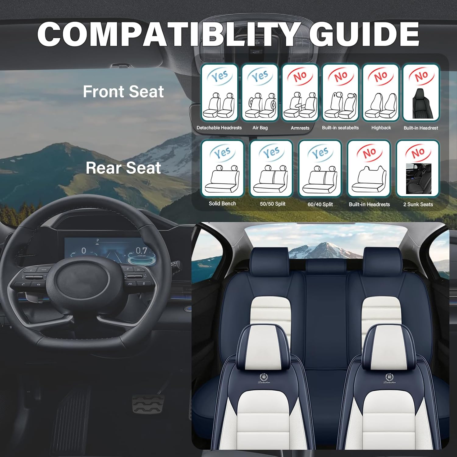 Car Seat Cover for BMW 528i 2008-2016,Waterproof Faux Leather 5-Seat Seat Covers,Car Seat Protectors,Deluxe and Breathable Interior Covers for Cars(Full Set,Blue&White)