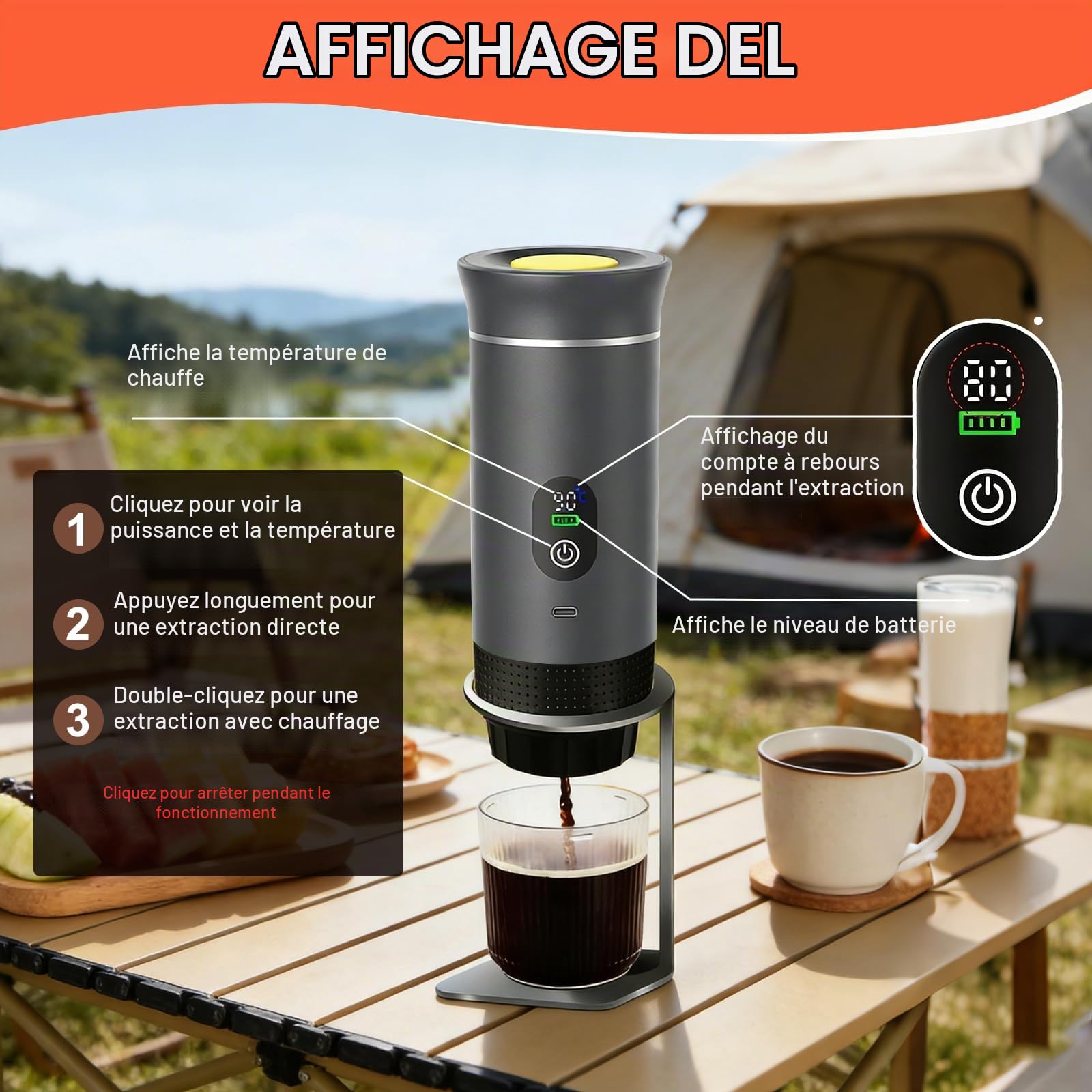 Mini machine à café portable 3 en 1, avec batterie 12 V,écran LED 20 bar | cafetiere portable, chauffage instantané, machine à café de voyage, pour capsule et café moulu