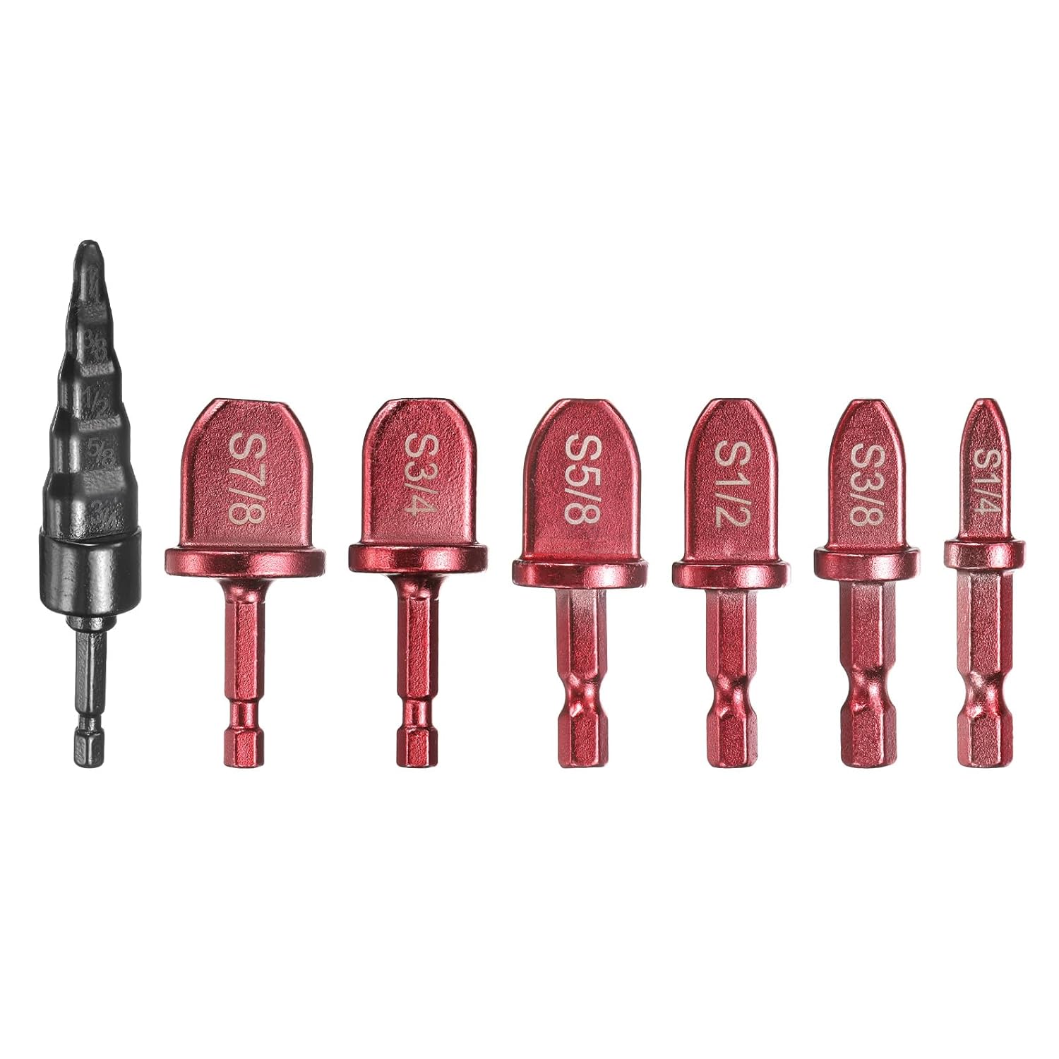 uxcell 7Pcs Swaging Tool Drill Bit Set 1/4" 3/8" 1/2" 5/8" 3/4" 7/8" HVAC Repairing Tube Expander with 5 in 1 Flaring Tool for Copper Aluminum Pipe, Red/Black