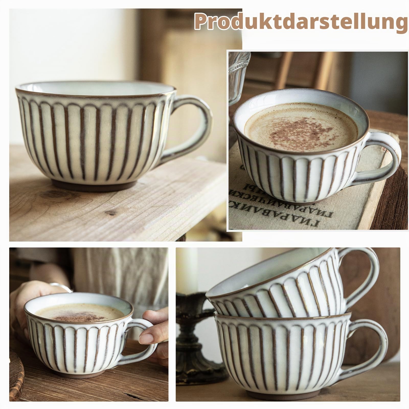 Kaffeetasse Groß, 400 ml Tasse Groß, Keramik Suppenschüssel mit Henkel, Kaffeebecher, Müslischalen Salat Schale mit Henkel, XXL Cappuccino Tassen,