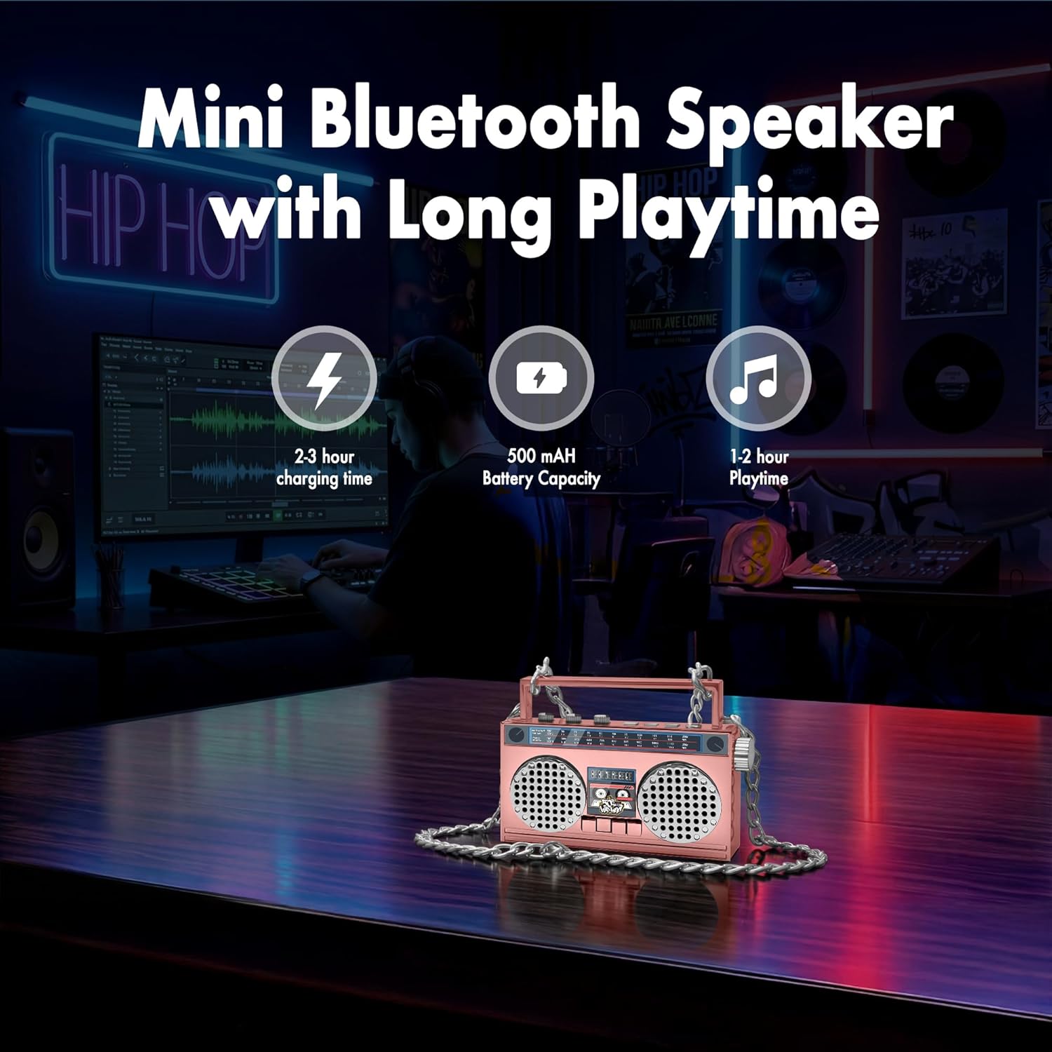 Portable Bluetooth Speakers, Retro Speakers Bluetooth Wireless Wearable Mini Bluetooth Boombox with 27” Neck Chain, FM Radio, On-Board Buttons, Dual 3W Peak Power Bluetooth Speaker for Home & Travel