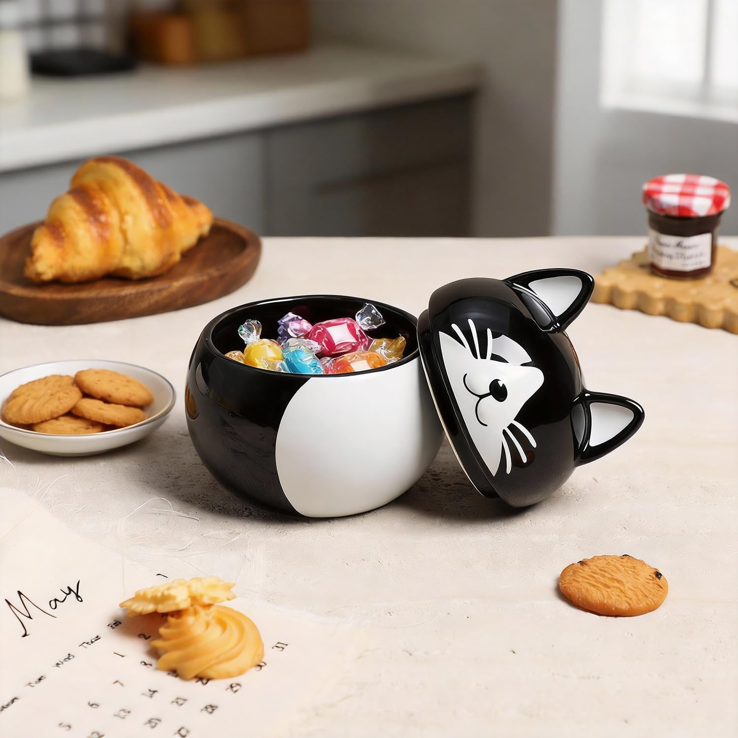 SOCOSY Ceramic Cat Shape Sugar Bowl with Lid, Sugar Container, Sugar Jar Candy Jar for Kitchen Countertop-White