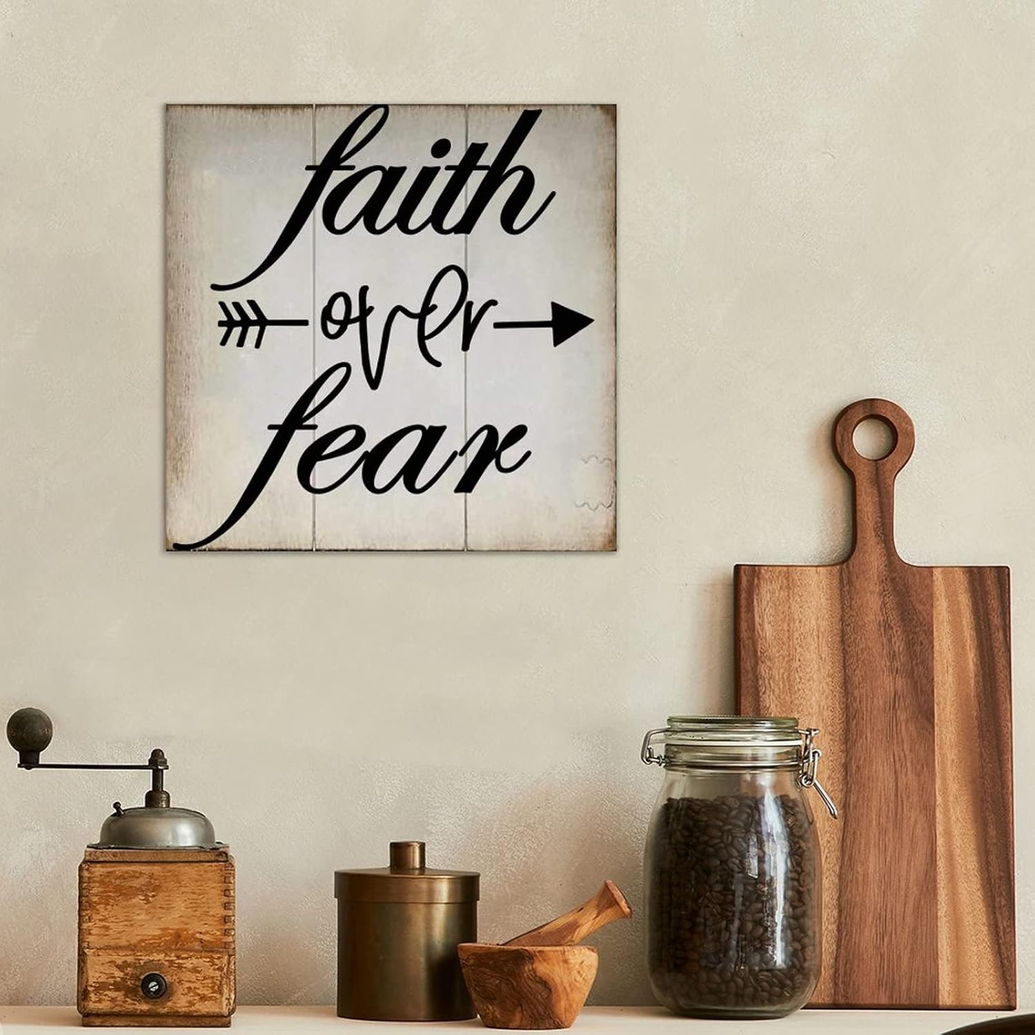 LITTLEGROVE SEEDS Faith over Fear Wood Signs Bohemia Wood Plaque Motivational Wall Art Rustic Wall Decorations for Living Room Kitchen Wall Hanger Retro Decoration Sign Housewarming Gift 12x12in image 3