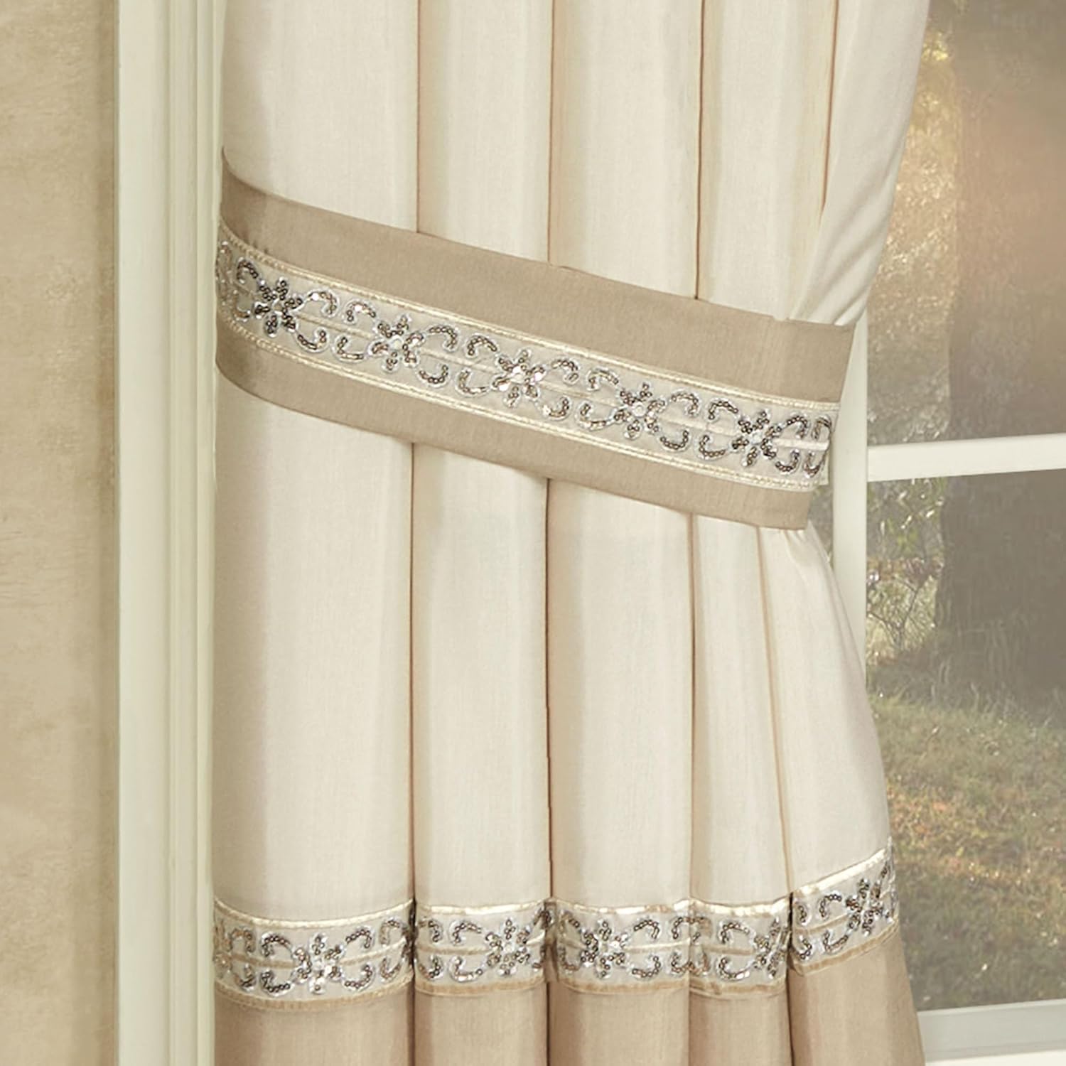 Luxury Elegante Sophisticated Polyester Faux Silk Window Treatment | Light Cream Ivory Metallic Gold | Sequins Embroidery Floral | 3 Piece Set with Ascot Valance and Swag Pair and 96L Curtain Pair