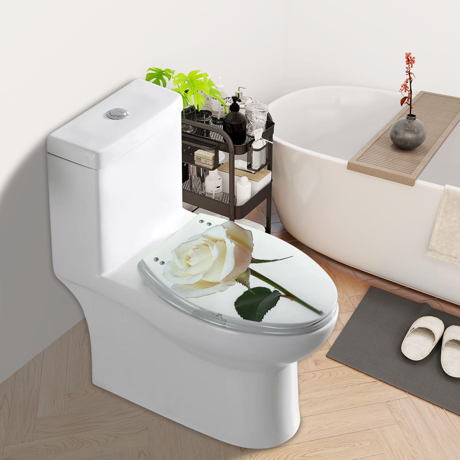Asiento de inodoro alargado de resina para uso en el baño.