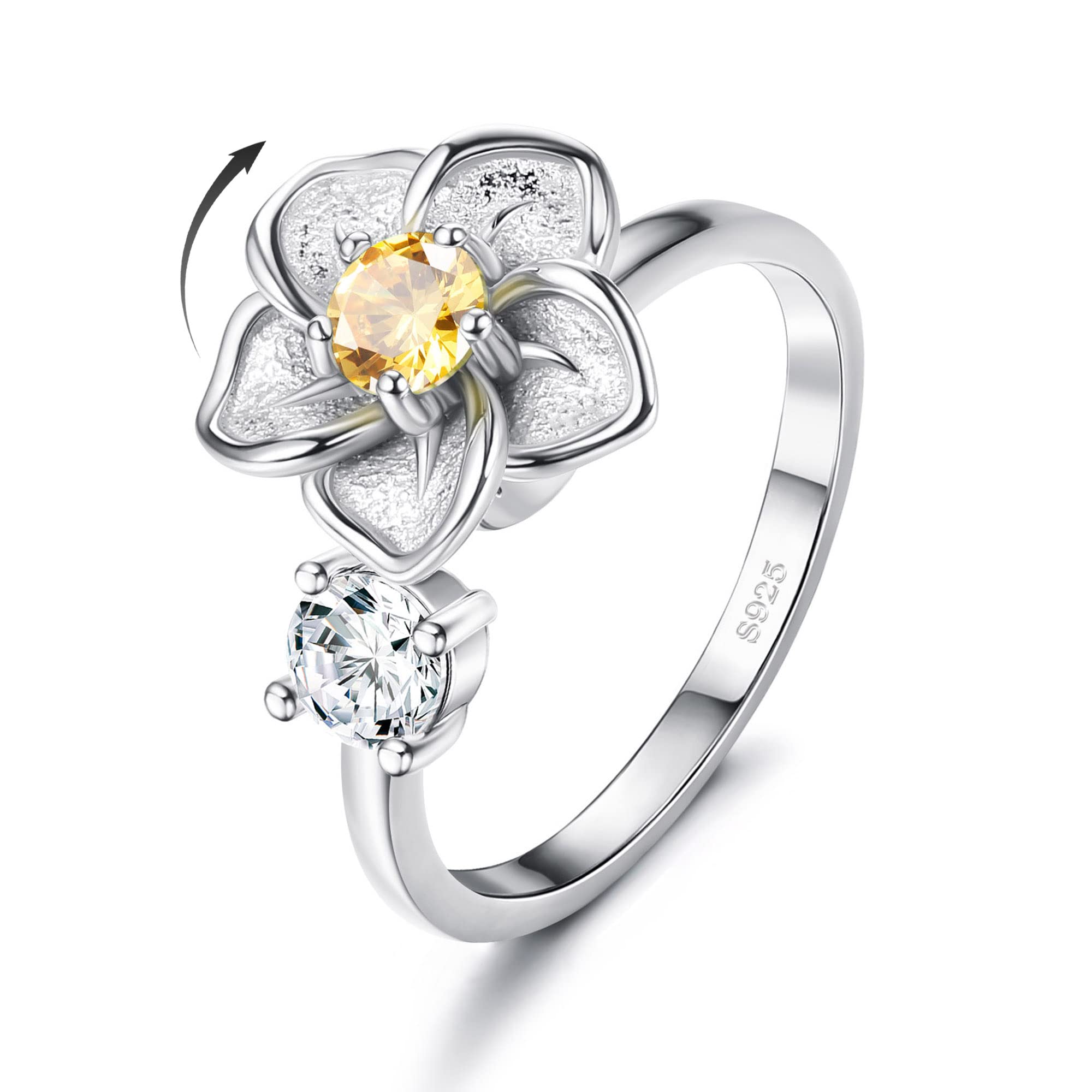 925 Sterling Silver Anxiety Ring for Women Birthstone Rings Adjustable Open Flower Rings for Teen Girls Gifts Spin Rings Fidget Jewelry