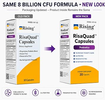 Rising Health RisaQuadTM Probiotic Capsules 40 mg (8 Billion CFU+) Proprietary Probiotic Blend for Daily Digestive & Gut Health Support | No Need for Refrigeration - 30 Capsules
