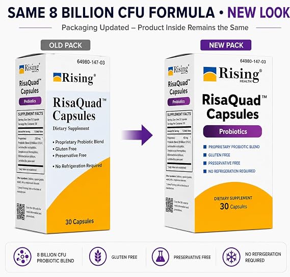 Rising Health RisaQuadTM Probiotic Capsules 40 mg (8 Billion CFU+) Proprietary Probiotic Blend for Daily Digestive & Gut Health Support | No Need for Refrigeration - 30 Capsules