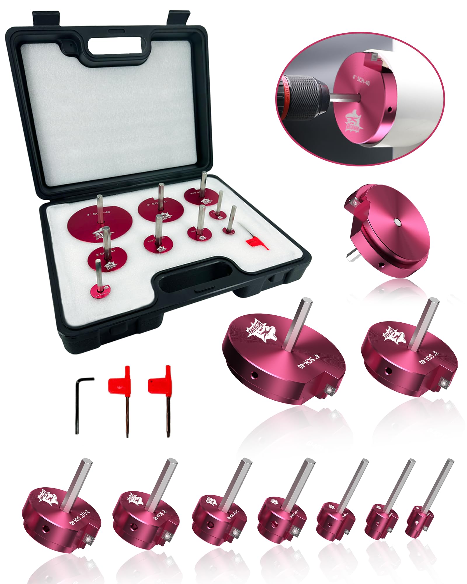 9 Pcs PVC Pipe Reamer Kit, PVC Fitting Saver, Plastic Pipe Fitting Reamer Socket Saver Plumbing Tool Includes 1/2, 3/4, 1, 1 1/4, 1 1/2, 2, 2 1/2, 3, 4 inch for Schedule 40 Fits Standard 1/2" Drill