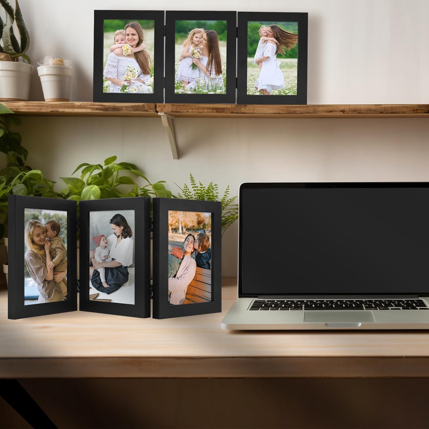 Golden State Art, 5x7 Three Picture Frame Trifold Hinged Photo Frame with 3 Openings, Desk Top Family Picture Collage, with Real Glass (5x7 Triple, Black, 2-Pack)