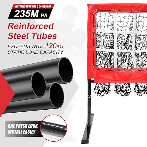 Miniatura 7 de Red de lanzamiento de 9 agujeros, red de lanzamiento de béisbol con zona de ataque, red sólida de lanzamiento de softbol, altura ajustable, equipo
