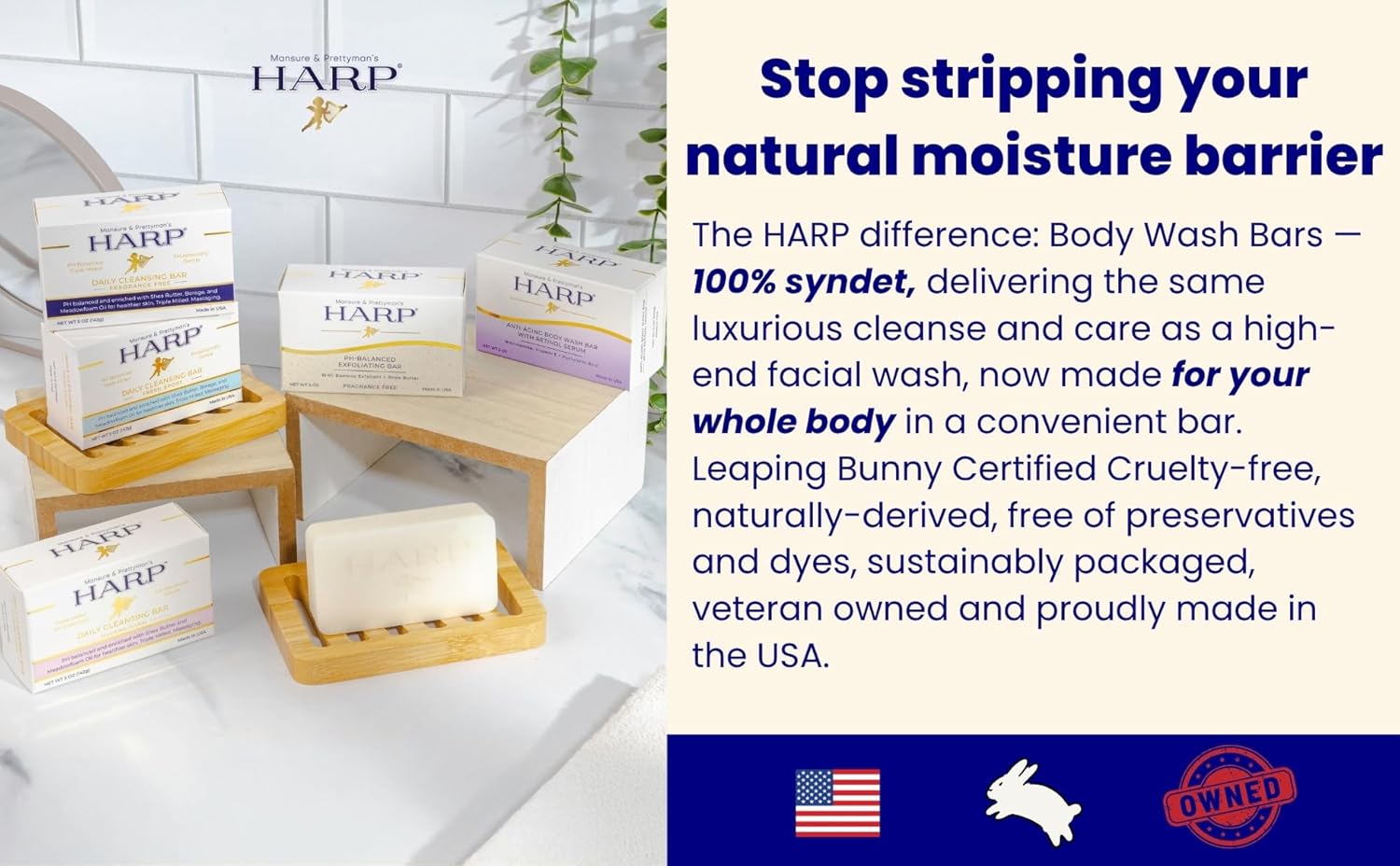 HARP® Fresh Sport Body Wash Bar – pH Balanced (5.0–6.0) Syndet Cleanser, Soap-Free & No Lye, Non-Comedogenic, Gentle for Sensitive & Dry Skin, With Shea Butter & Borage Oil. 3-5oz Bars.