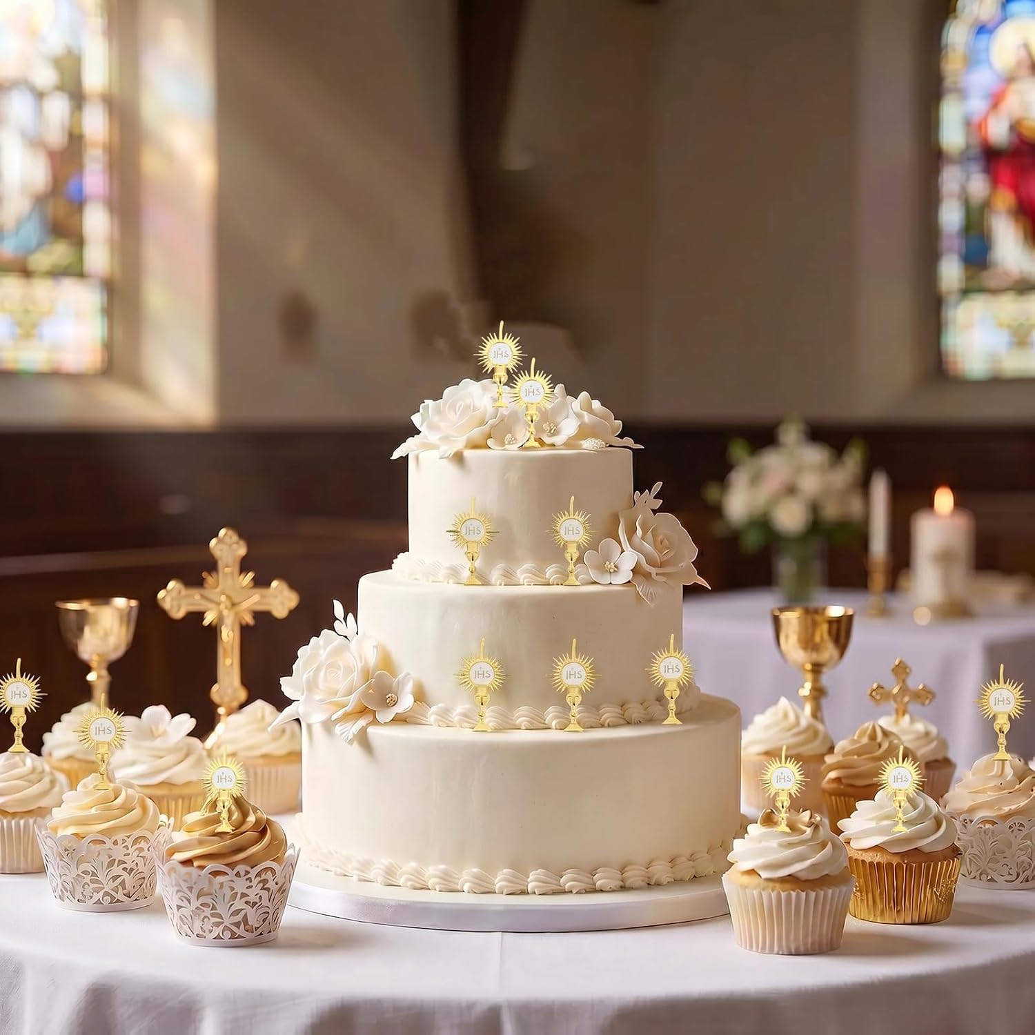 POPETPOP 24Pcs First Communion Cupcake Toppers, JHS Monstrance Catholic Cake Picks, Gold Religious Decorations for Catholic Baptism, Christening and Confirmation Party