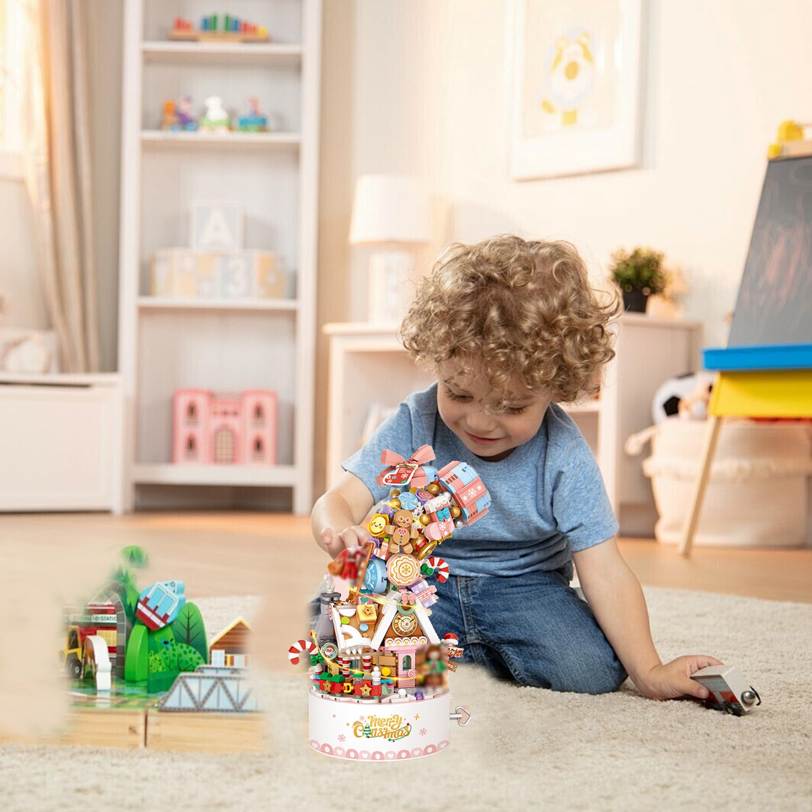 LOTOLO Falls Building Blocks Rotating Music Box Set,Candy Flower Bonsai Botanical Collection with Light,Home Decor (Christmas) - Image 4