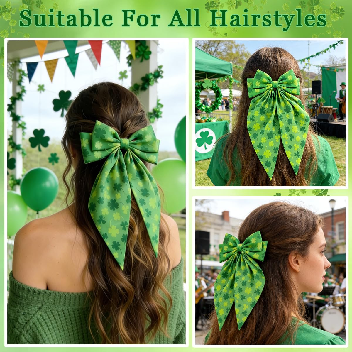 2Pcs St. Patrick's Day Hair Clips for Thin and Thick Hair Green Shamrock Hair Clips Big Ribbon Bow Hair Clips with Cute Long Tail Design Irish Clover Hairs Accessories for Women Holiday Party Supplies image 3