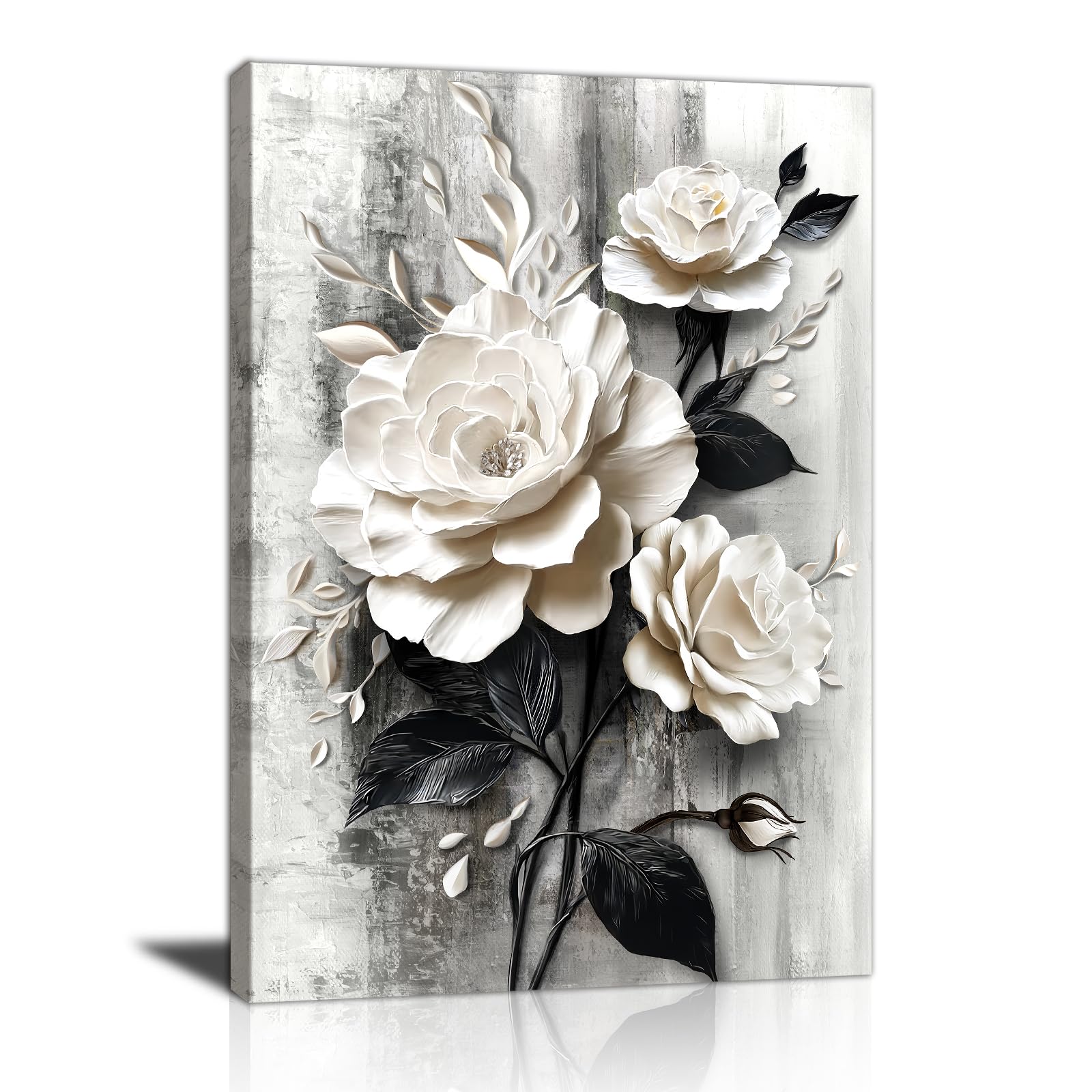 Black White Rose Flowers Canvas Wall Art Grey White Floral Wall Decor Picture White Blooming Flowers Poster Print Painting for Bathroom Office Living Room Bedroom Home Decorate Ready To Hang 30X40cm — image 1