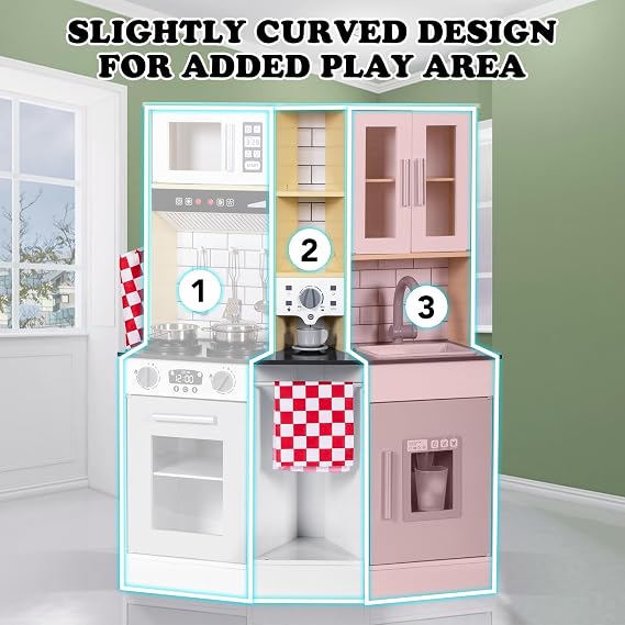 BRINJOY Kids Kitchen Playset, Wooden Pretend Play Kitchen for Kids w/Faucet, Sink, Stove, Oven, Cookware Utensils, Storage Cabinets, Toddler Role Play Toy Kitchen Set Gift for Girls Boys 3+ (Gray)