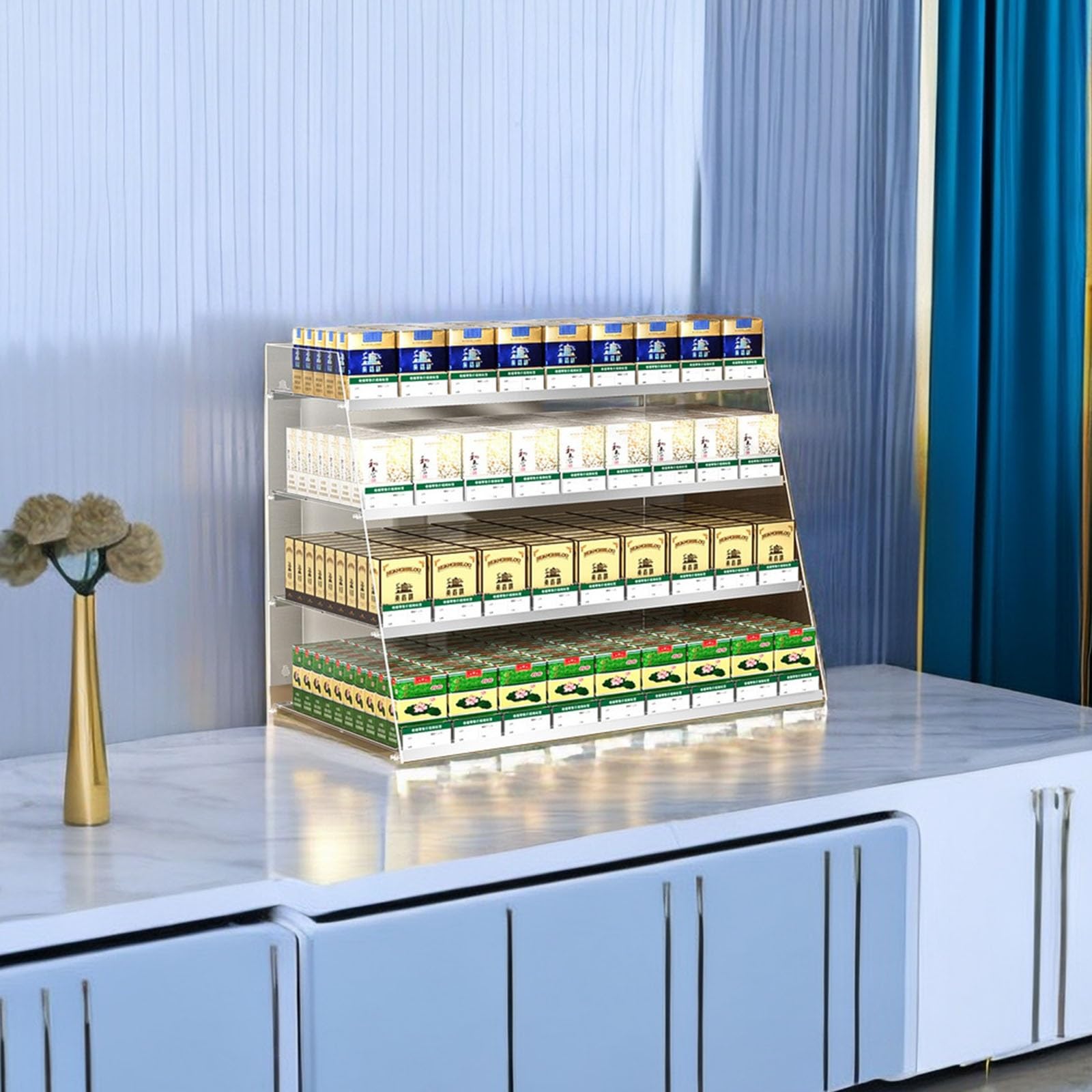 Présentoir à cigarettes avec poussoir automatique pour un rangement mural impeccable