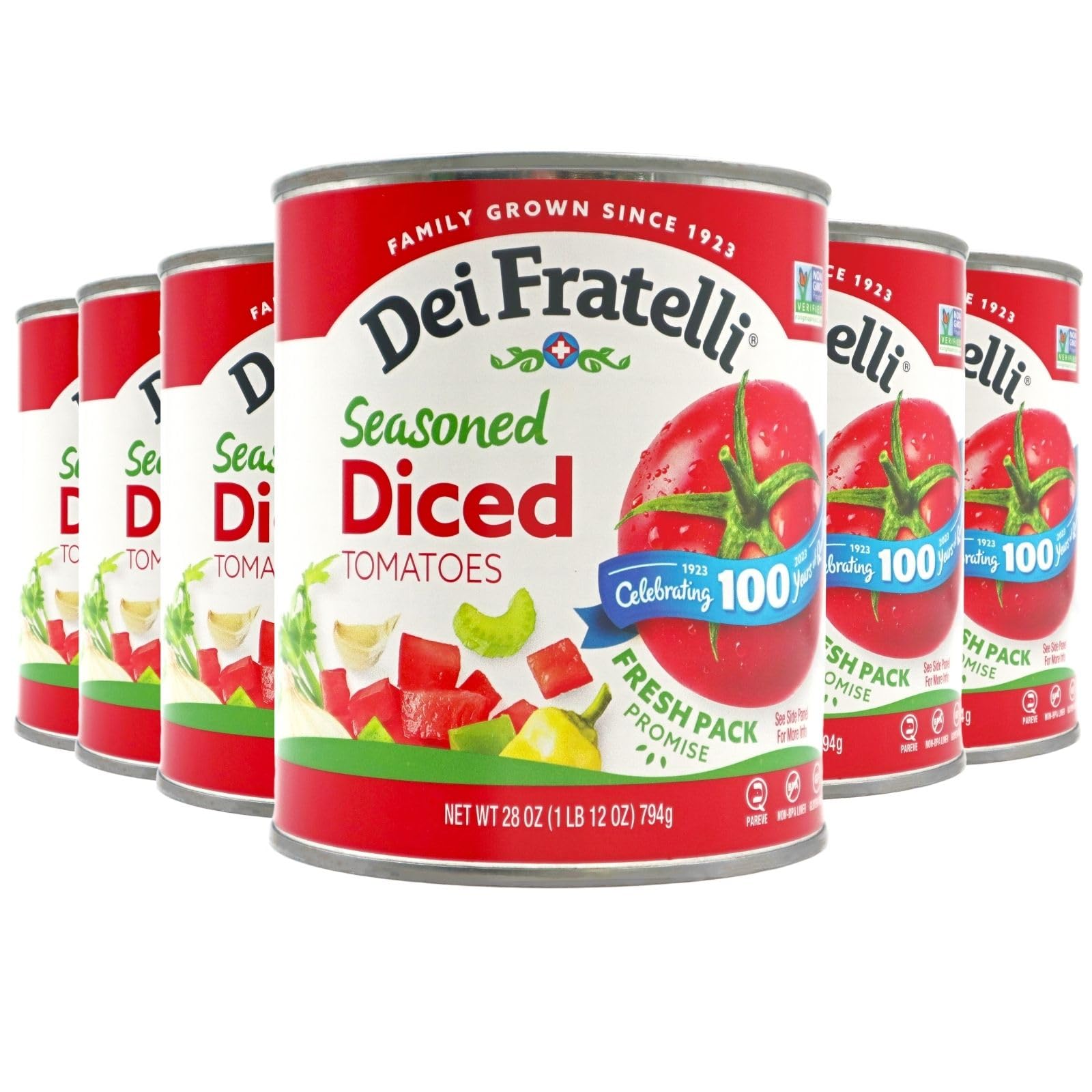 Dei Fratelli Seasoned Diced Tomatoes (28 oz. Cans, 6 pack) - Vine-Ripened – Non GMO, Gluten-Free