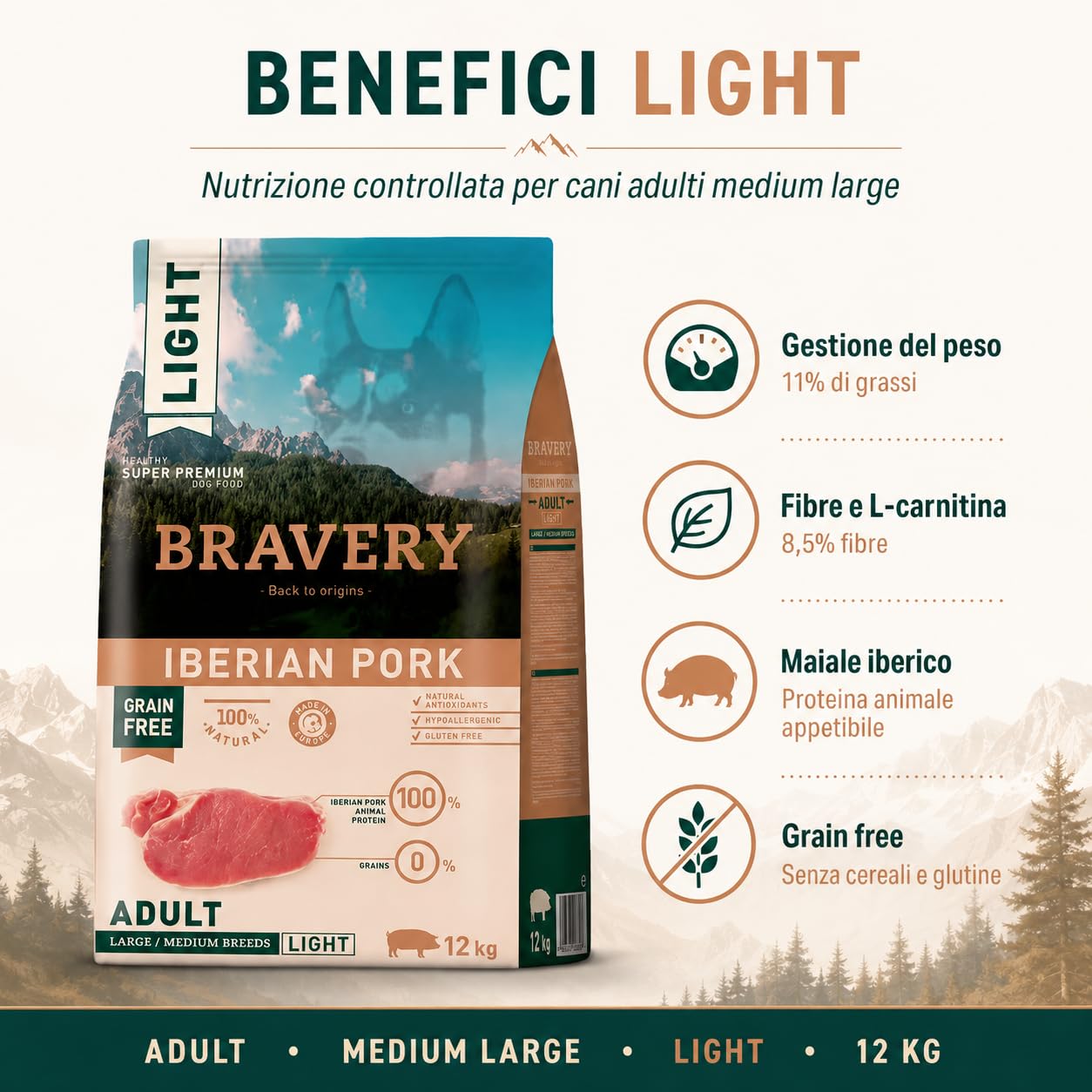 Bravery LIGHT Crocchette Cane Adulto Medium Large 12Kg con Suino Iberico Light, Mangime Secco Grain Free per Cani Sovrappeso o Anziani, Alimento Completo con L-Carnitina e Fibre