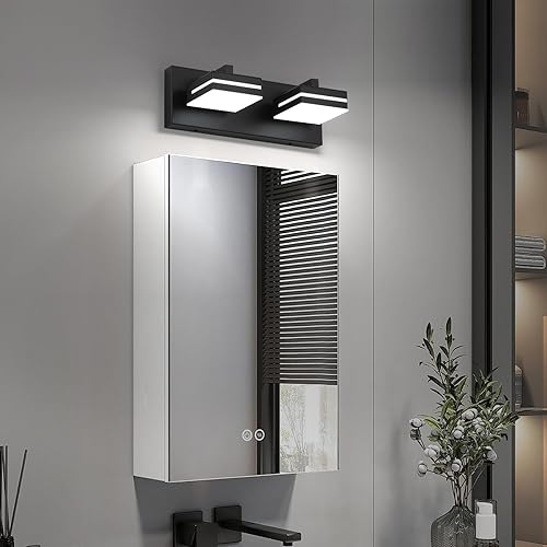 Miniatura 7 de Joossnwell Lámpara de tocador de baño negra (2 luces, 12.6 pulgadas) modernas lámparas de baño sobre el espejo, iluminación LED de tocador, lámpara