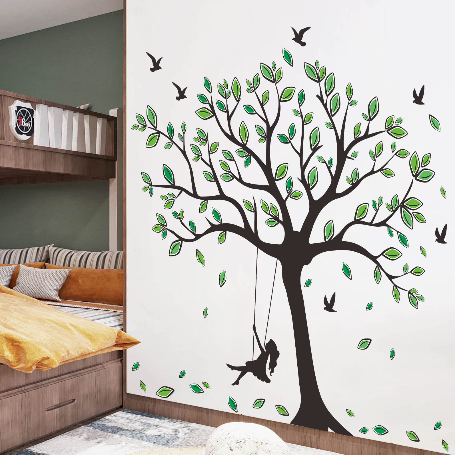 Calcomanía de pared de árbol gigante extraíble con hojas verdes que caen, calcomanía de pared para despegar y pegar, decoración artística de árbol negro para bebés, niños, niñas, dormitorio,