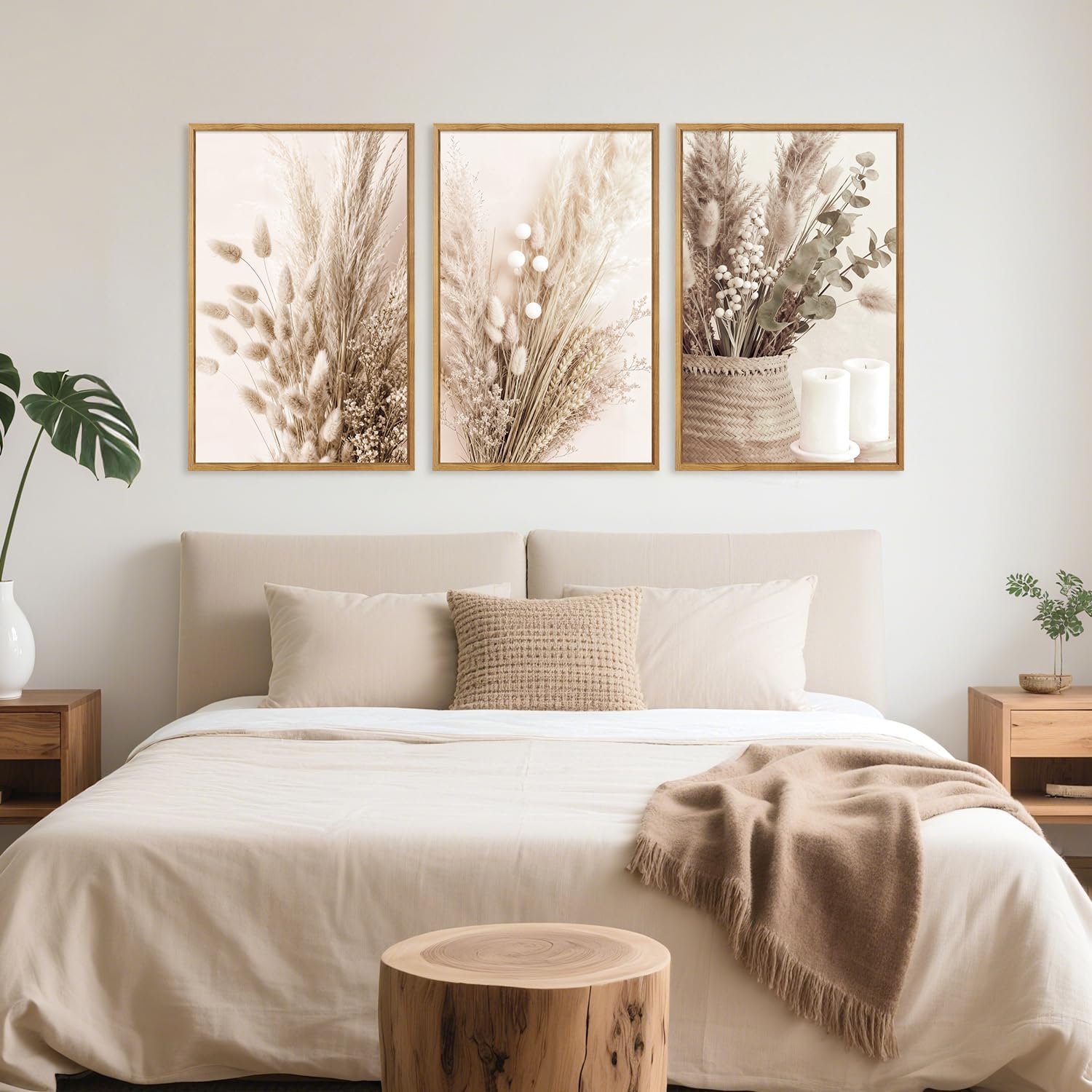 IARTTOP Framed Neutral Beige Floral Wall Art, Vintage Botanical Flowers Canvas Poster Boho Pampas Grass Wall Decor,Modern Minimalist Natural Plant Art Prints for Living Room Bedroom Office-24”x36”x3