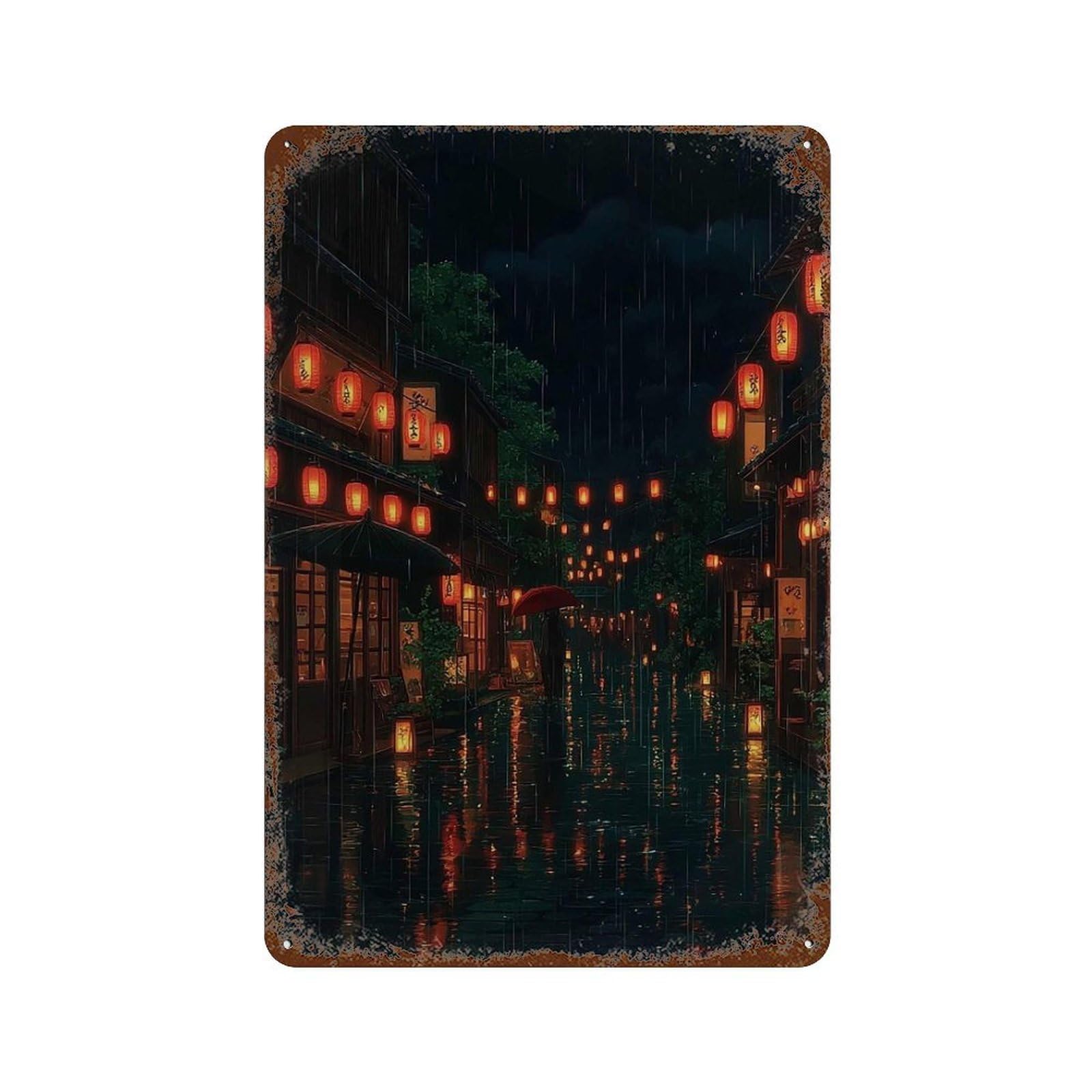 xiaoxiaoshen Rainy Night in Japanese Alley Street Lanterns And Reflections Urban Cityscape Wall Decor Art Metal Tin Poster Modern Home Decor Art Home Bar Shop Decorations Vintage Sign 30x20cm