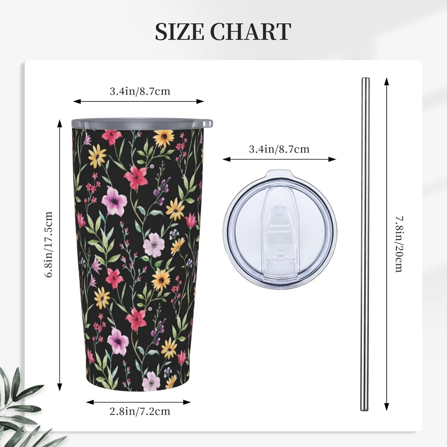 Beautiful Colorful Flowers Tumbler, Black Floral 20oz Stainless Steel Insulated Travel Tumblers,Travel Coffee Mug with Lid and Straw Cups Gifts for Women Men - Image 3