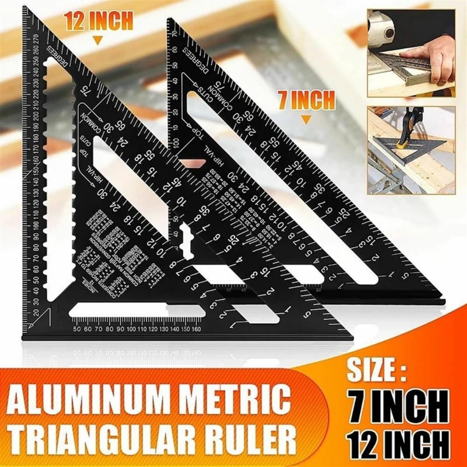 Rafter quadrato da 17,8 cm per falegnameria, strumento di misurazione in lega di metallo, righello triangolare goniometro per lavorazione del legno e carpenteria (17,8 cm metrico)