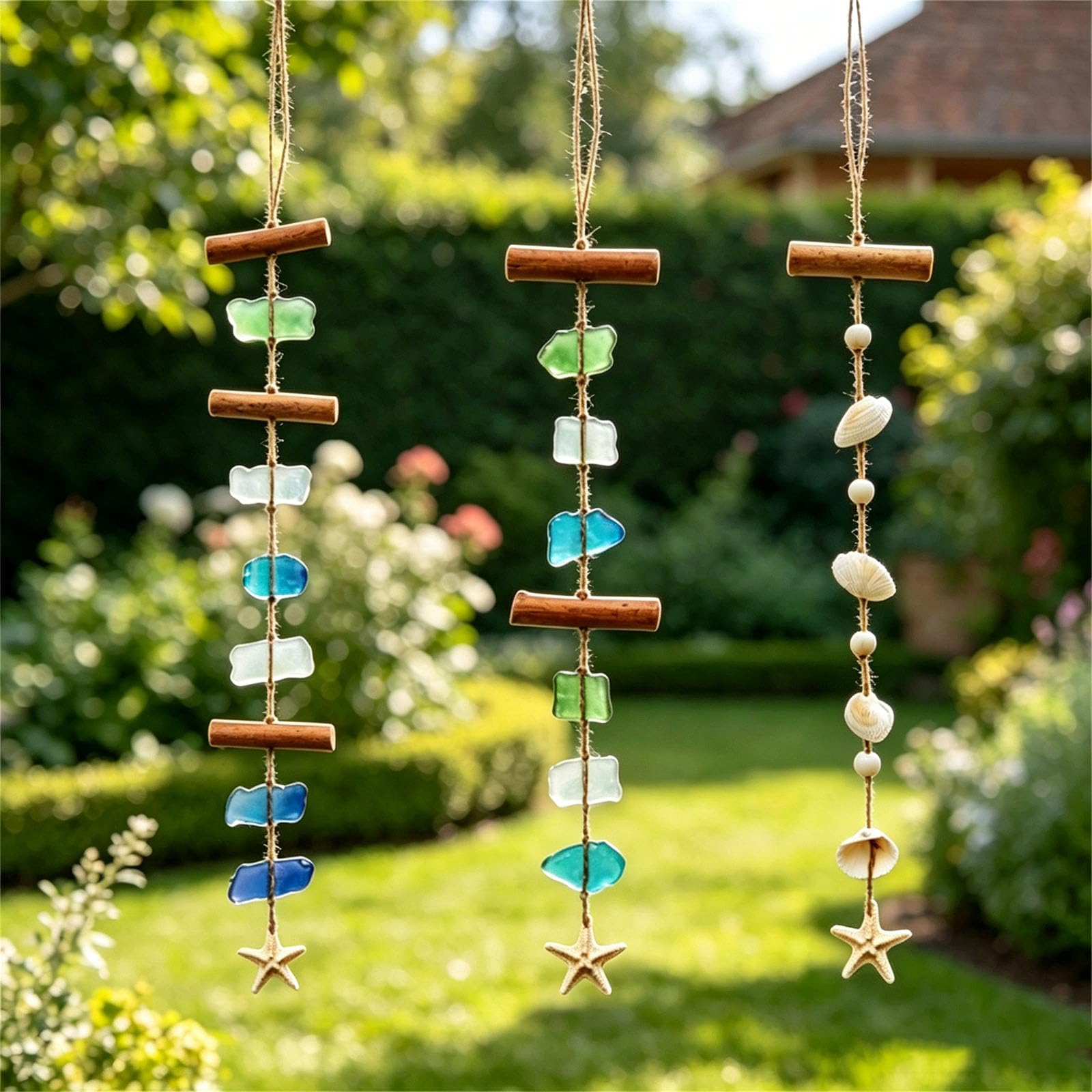 Conchiglie artistiche in vetro di mare e bastone di legno scacciapensieri costieri decorazione da parete per veranda patio decorazione scacciapensieri a tema spiaggia