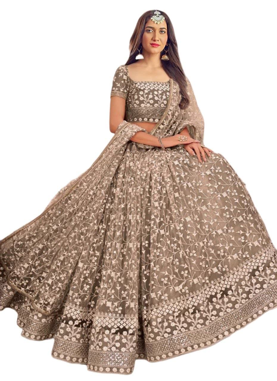 Drashti VillaWomen's Heavy Net Embroidered Semi Stitched Anarkali Gown Choli with Dupatta(Free-Size)